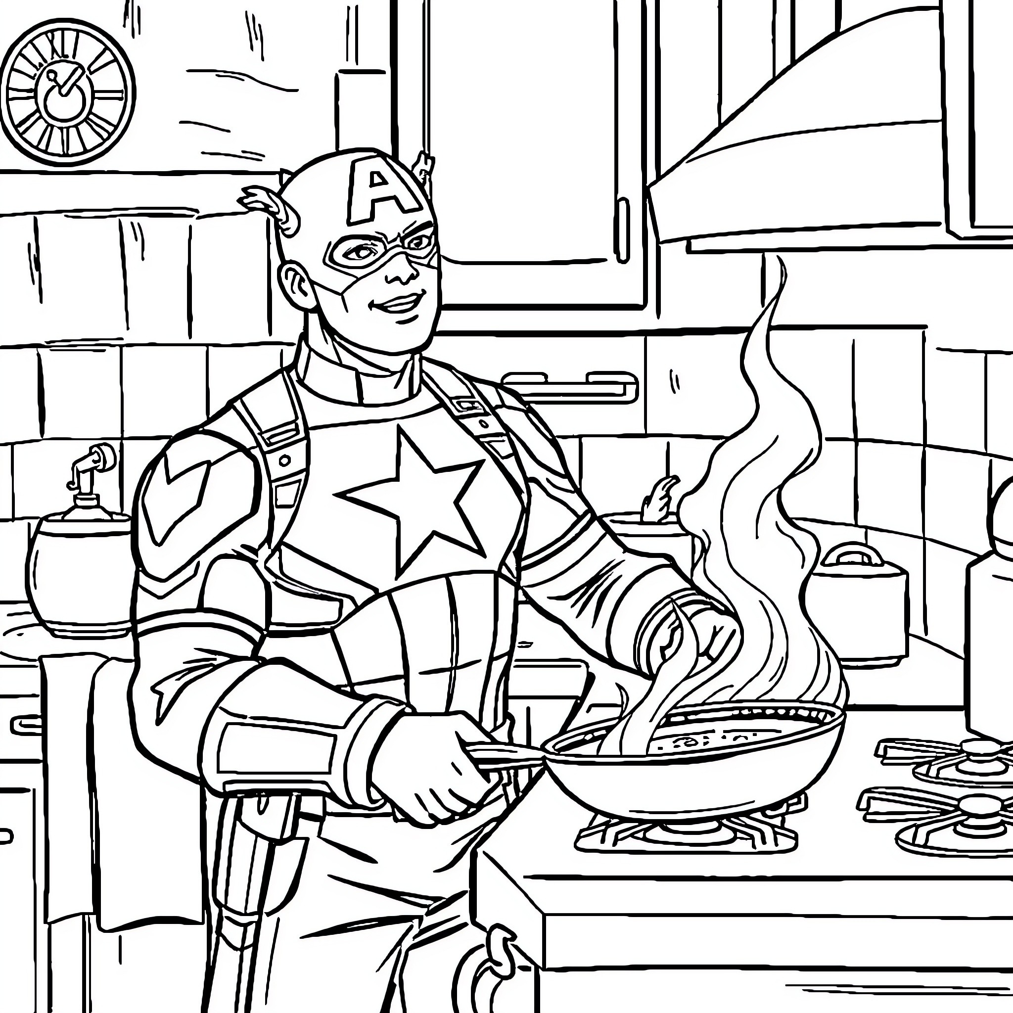 Captain America cooking and preparing a meal in the kitchen Coloring Page (free black-and-white line drawing printable PDF for all, from beginners to advanced learners, including children, teens, adults, and seniors)