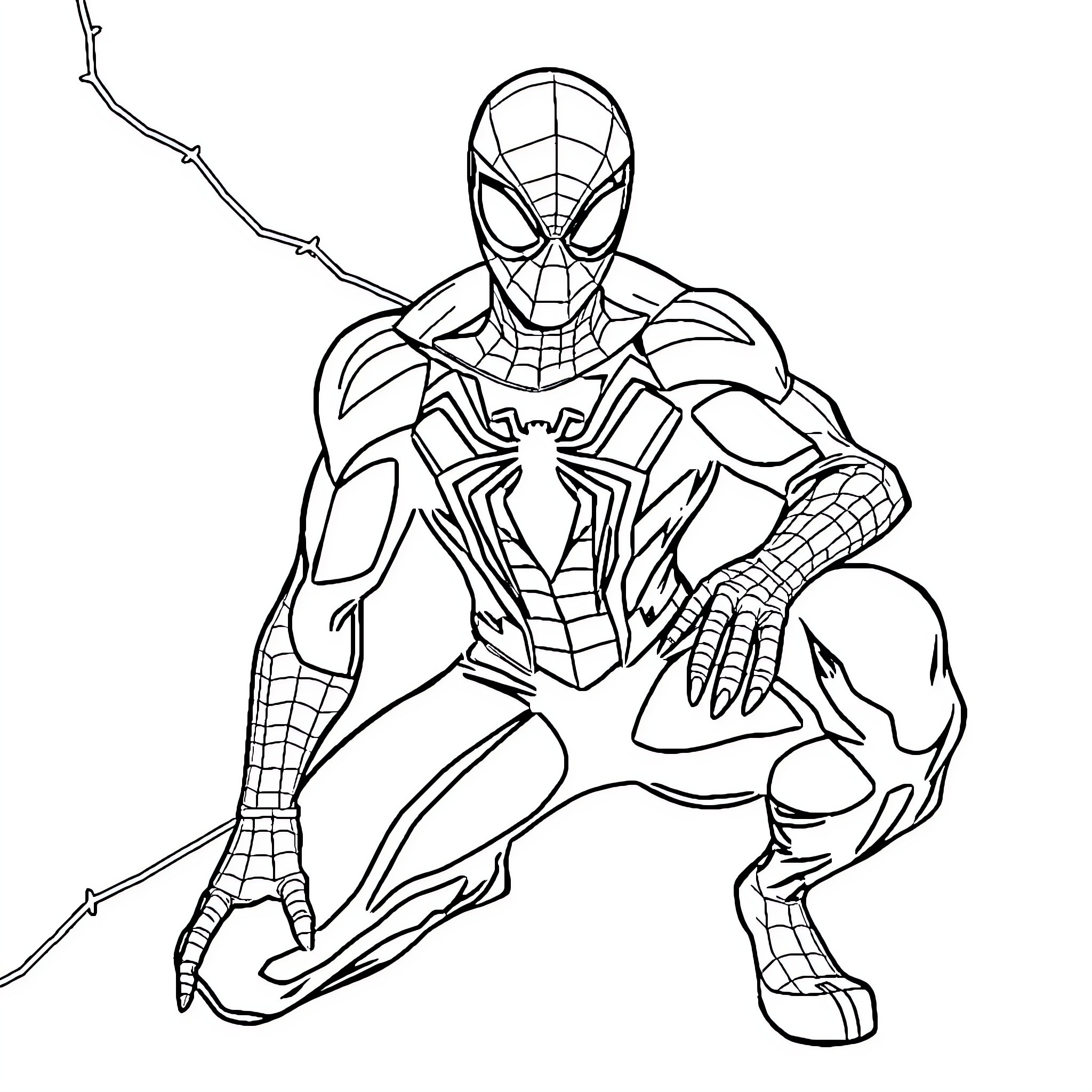 Spider-Man Crouching in Fighting Stance Coloring Page (free black-and-white line drawing printable PDF for all, from beginners to advanced learners, including children, teens, adults, and seniors)