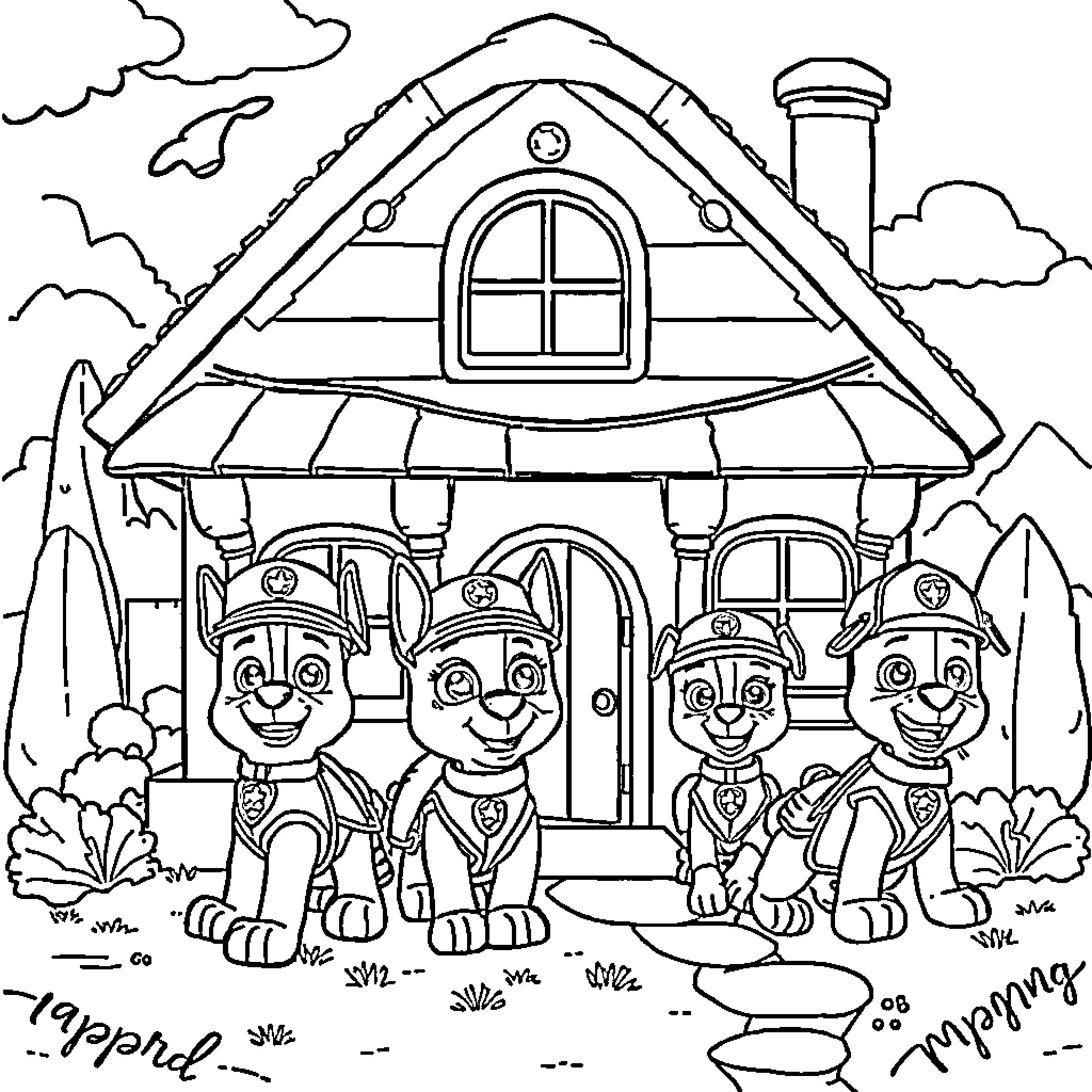House with Cheerful Pups Exploring the Outdoors Coloring Page (free black-and-white line drawing printable PDF for all, from beginners to advanced learners, including children, teens, adults, and seniors)