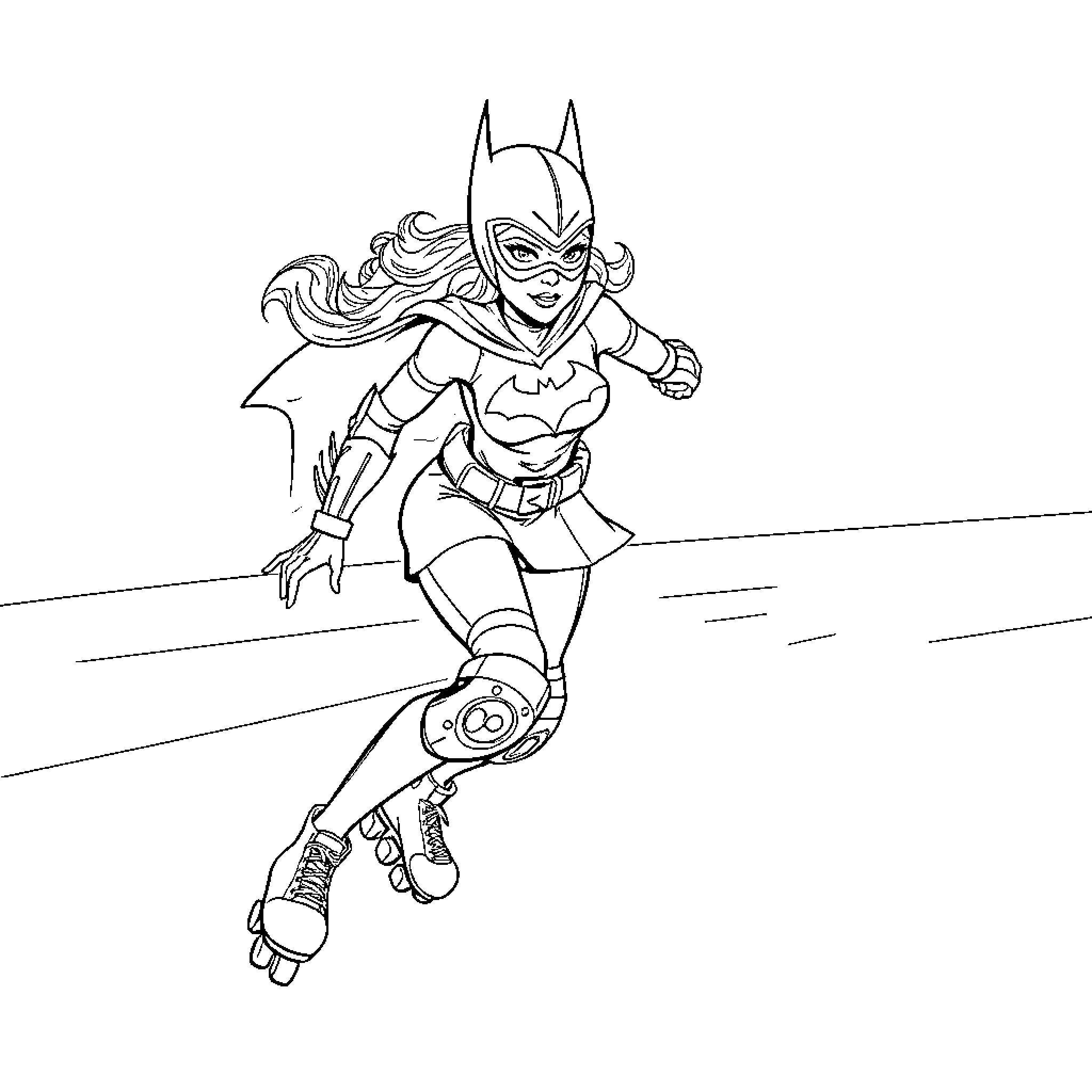 Batgirl rollerblading with determination Coloring Page (free black-and-white line drawing printable PDF for all, from beginners to advanced learners, including children, teens, adults, and seniors)