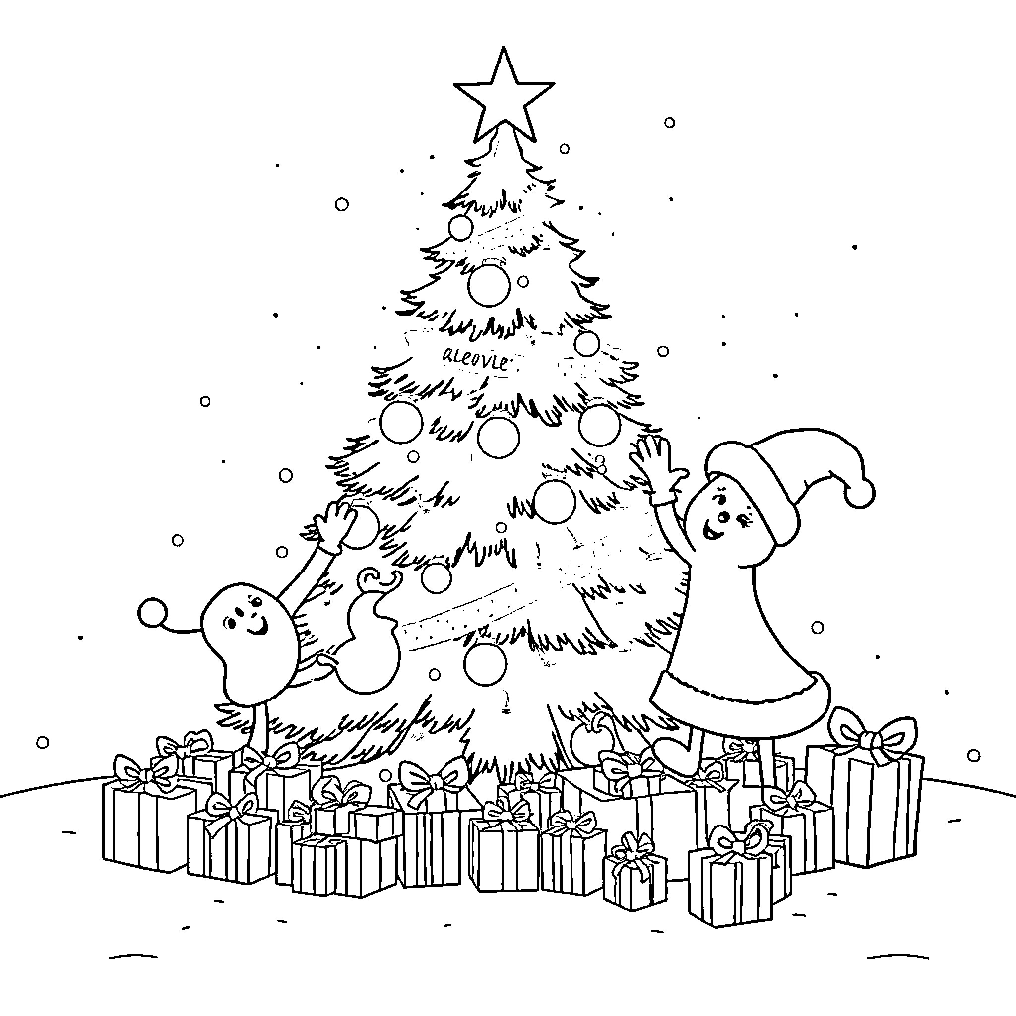Paw Patrol characters decorating Christmas tree Coloring Page (free black-and-white line drawing printable PDF for all, from beginners to advanced learners, including children, teens, adults, and seniors)
