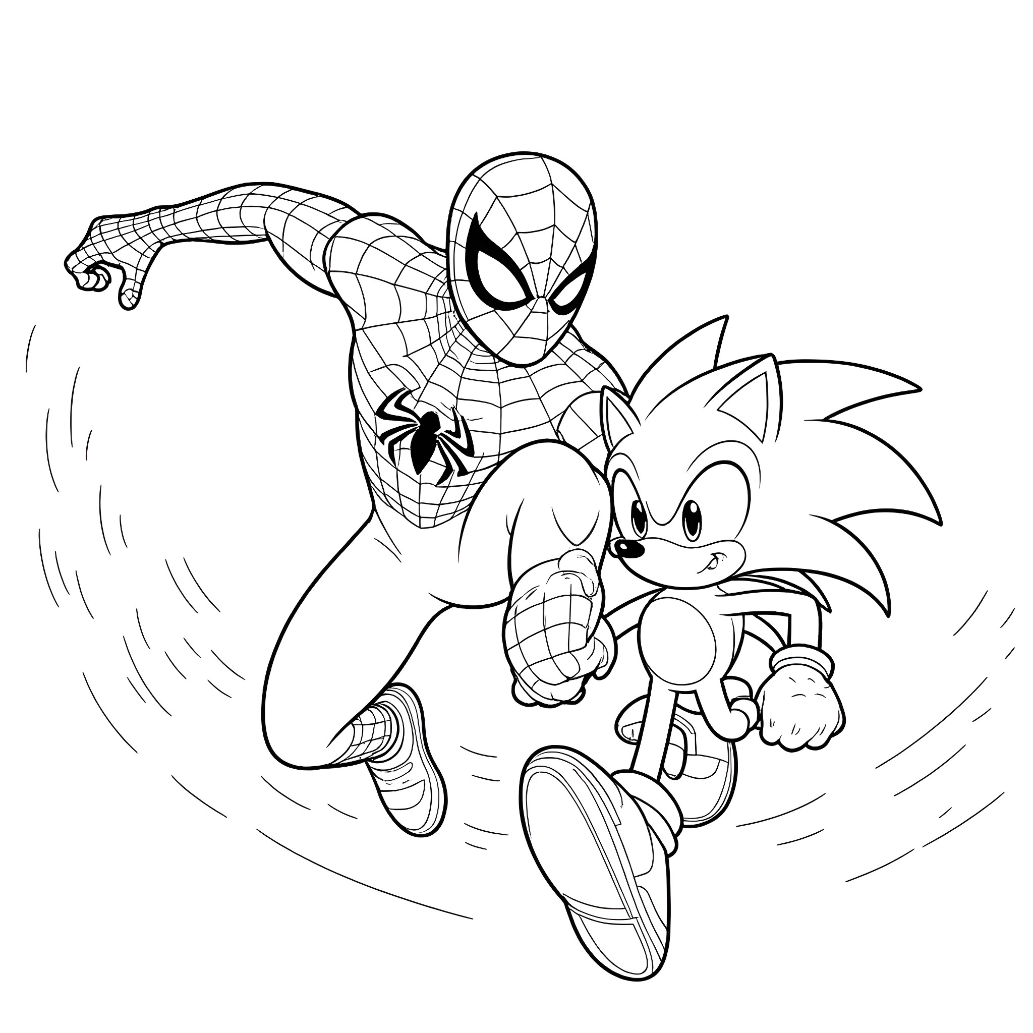 Spider-Man and Sonic the Hedgehog in action Coloring Page (free black-and-white line drawing printable PDF for all, from beginners to advanced learners, including children, teens, adults, and seniors)