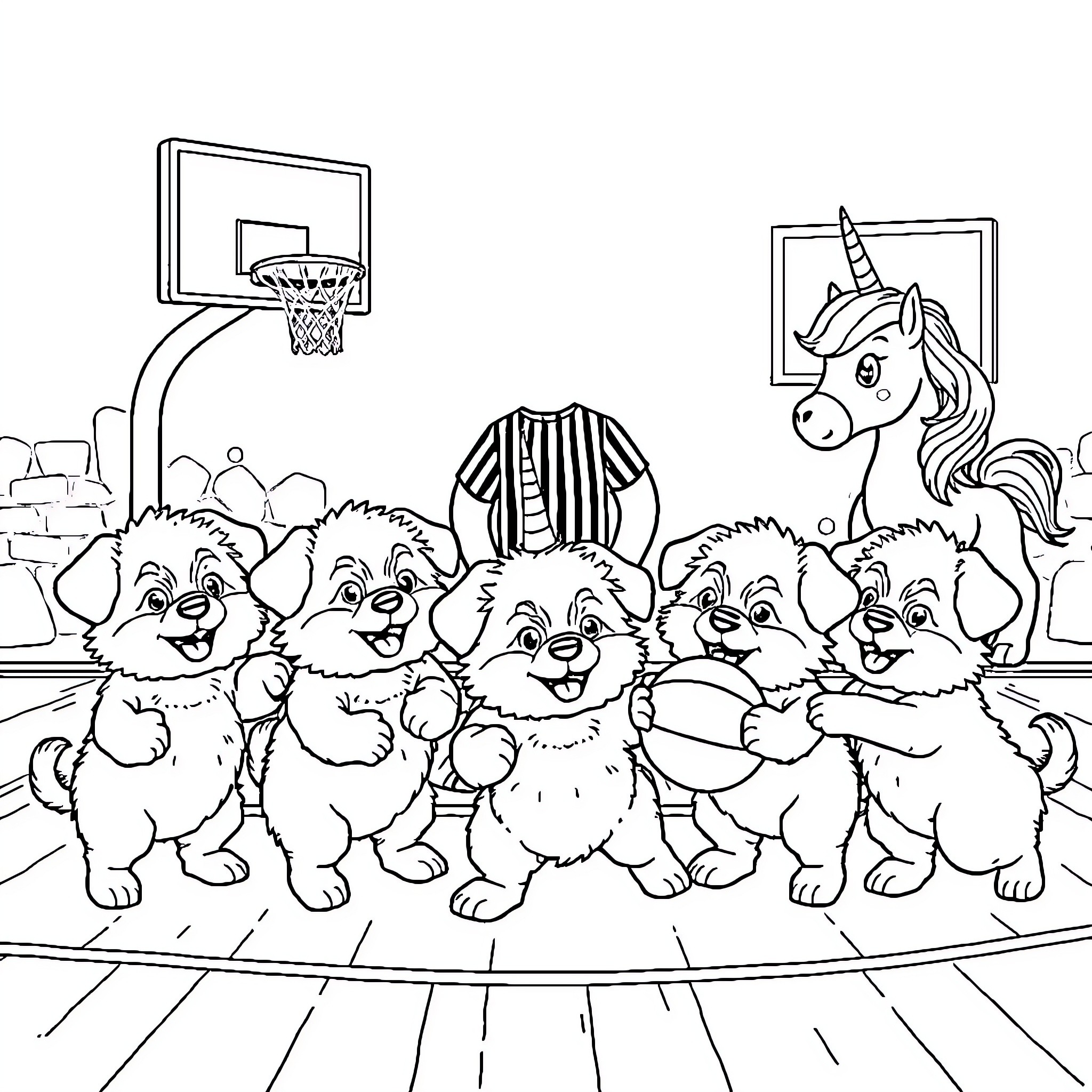 Puppy Pals Playing Happily in Playroom Coloring Page (free black-and-white line drawing printable PDF for all, from beginners to advanced learners, including children, teens, adults, and seniors)