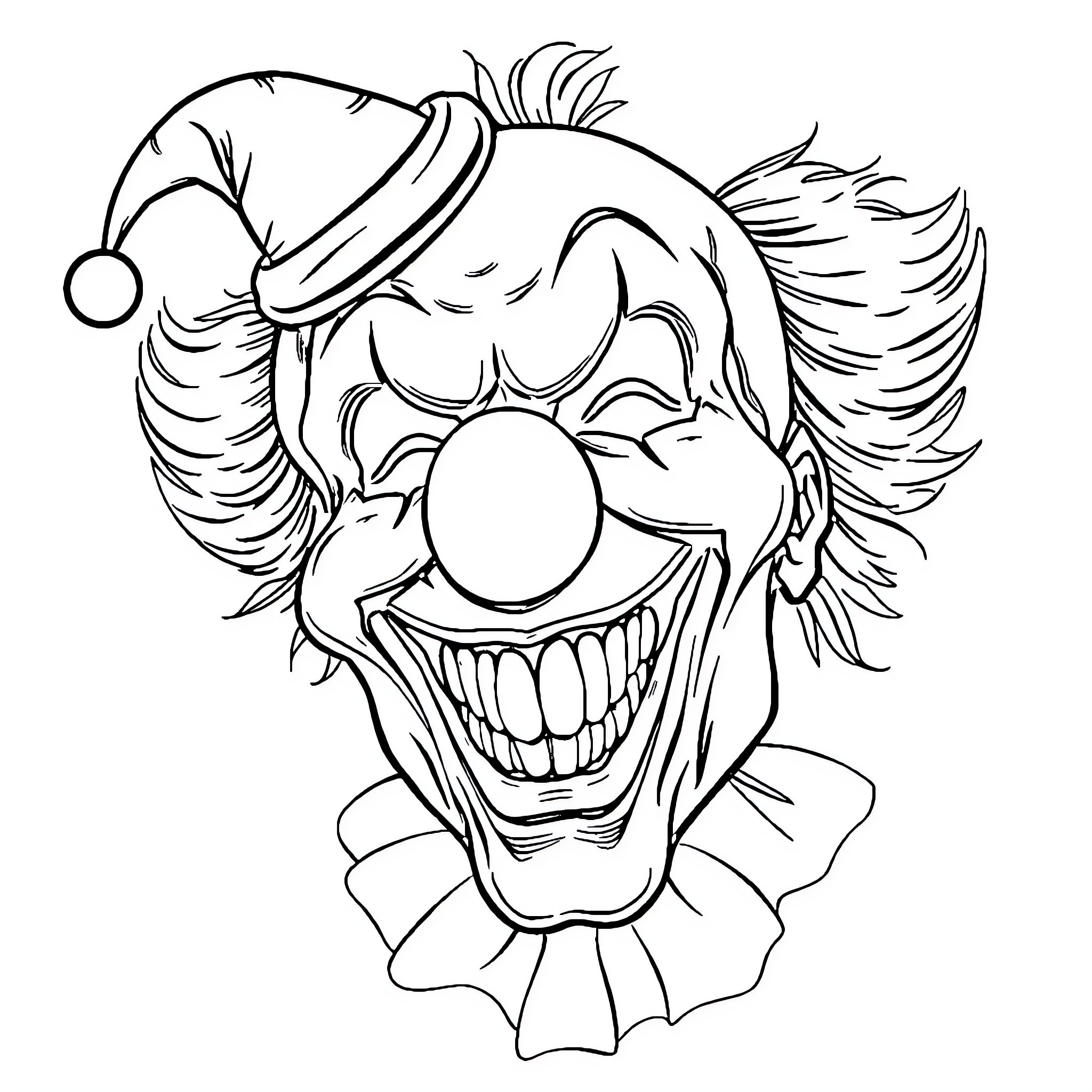 Skull of a Grinning Clown in Costume Coloring Page (free black-and-white line drawing printable PDF for all, from beginners to advanced learners, including children, teens, adults, and seniors)