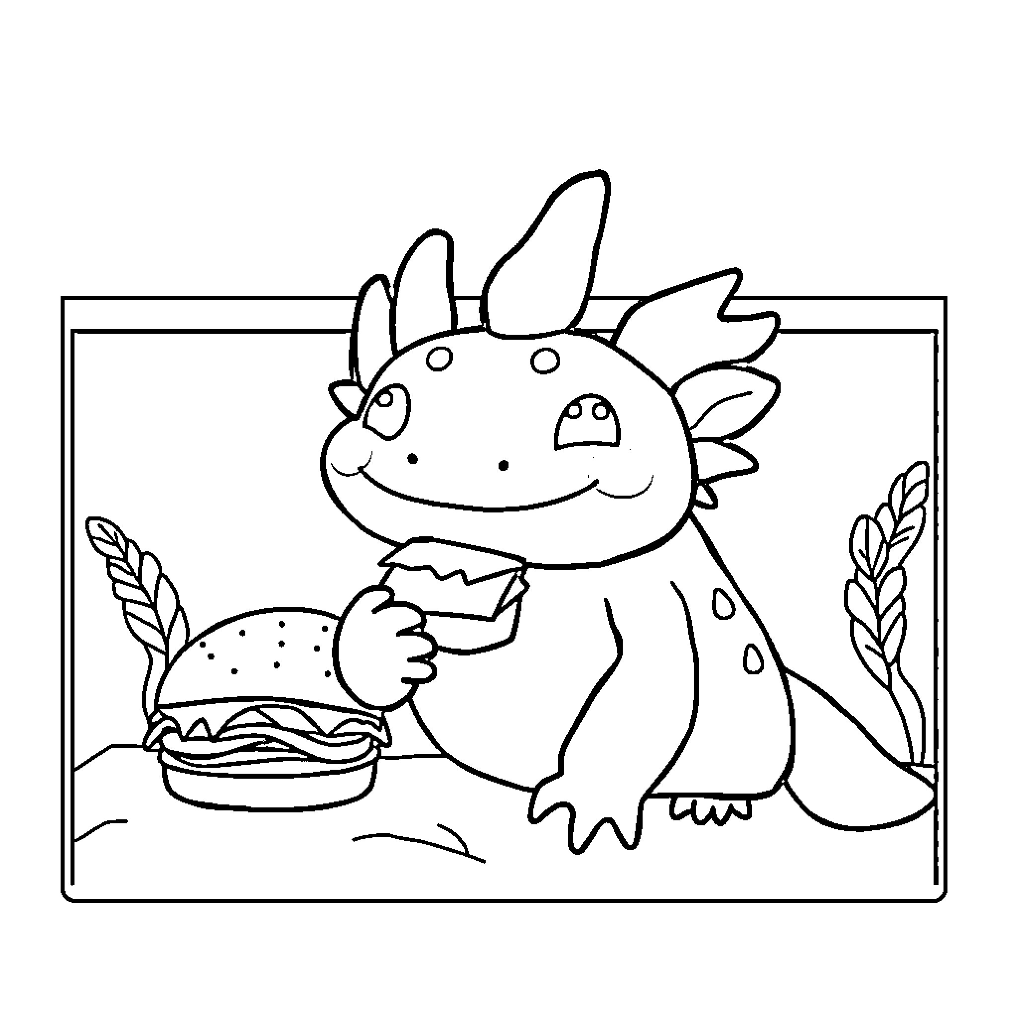 Axolotl enjoying a delicious meal Coloring Page (free black-and-white line drawing printable PDF for all, from beginners to advanced learners, including children, teens, adults, and seniors)