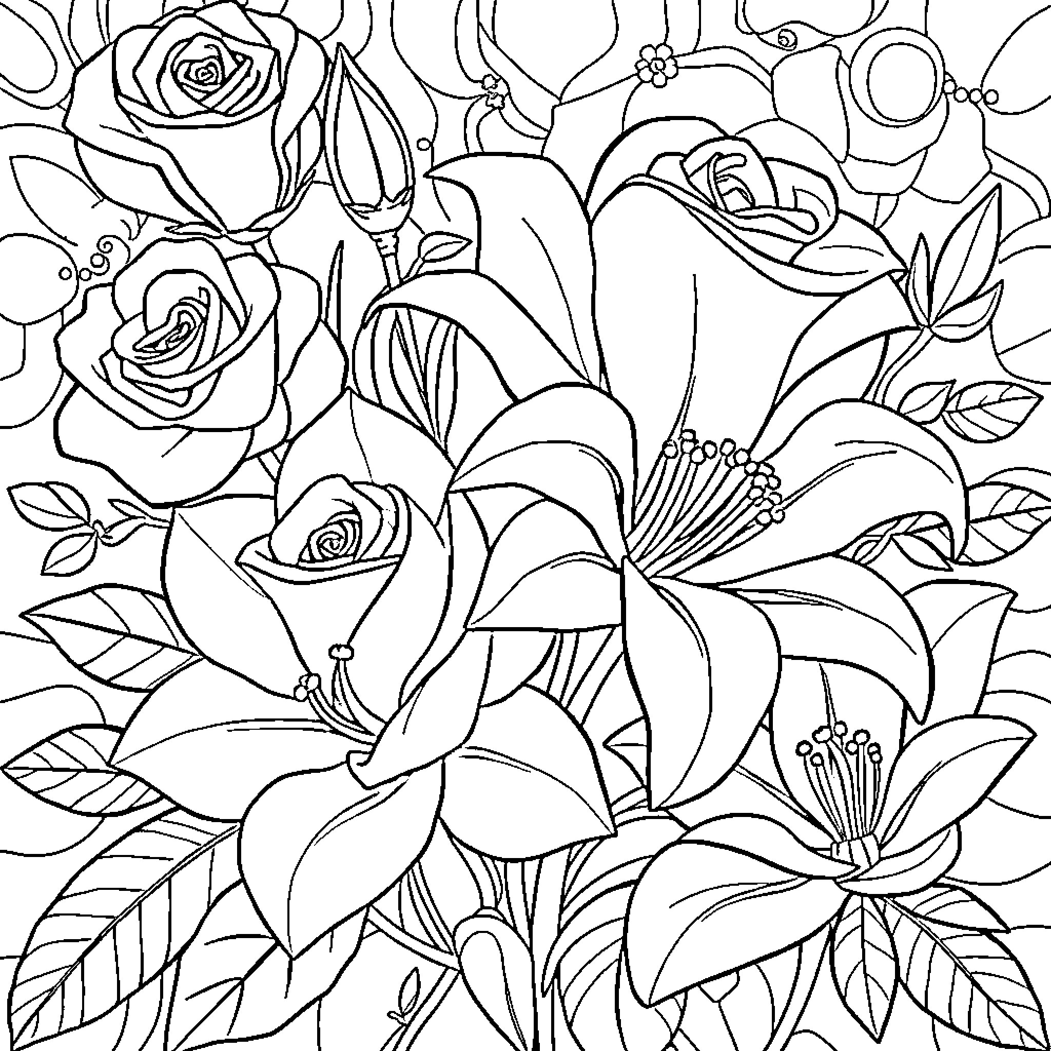 Rose Garden of Blooming Flowers Coloring Page (free black-and-white line drawing printable PDF for all, from beginners to advanced learners, including children, teens, adults, and seniors)