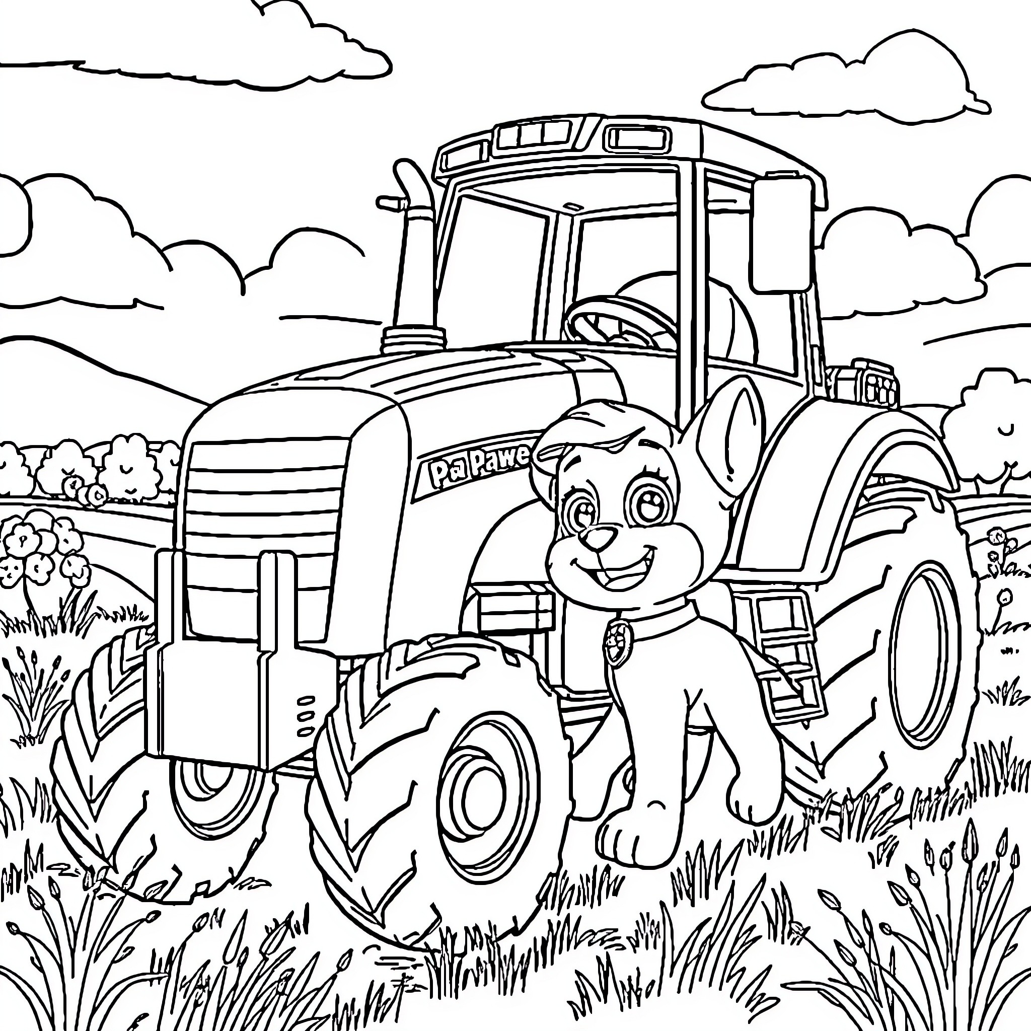 Paw Patrol: Puppy Driving a Tractor in the Countryside Coloring Page (free black-and-white line drawing printable PDF for all, from beginners to advanced learners, including children, teens, adults, and seniors)