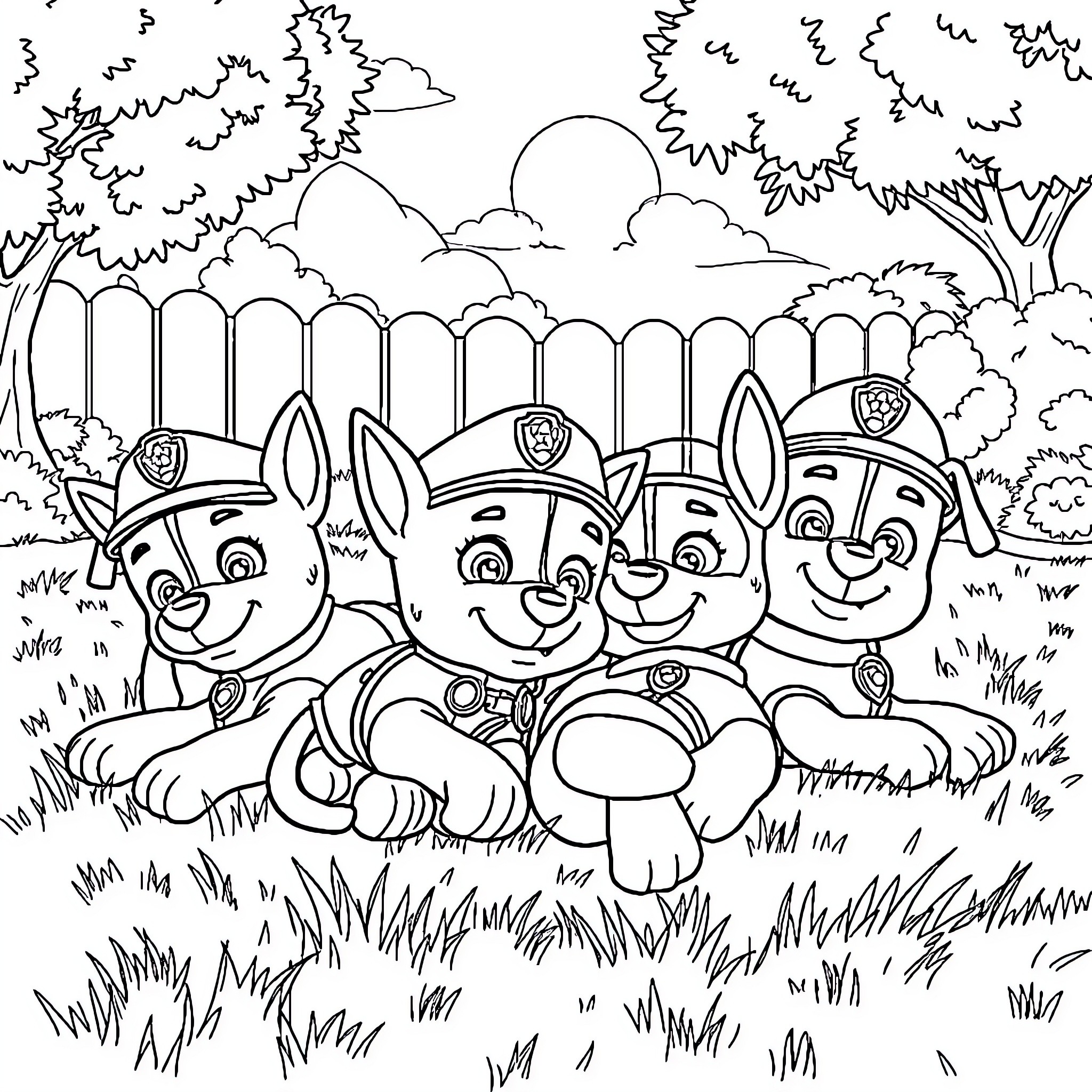 Paw Patrol Pups Having Outdoor Fun Coloring Page (free black-and-white line drawing printable PDF for all, from beginners to advanced learners, including children, teens, adults, and seniors)