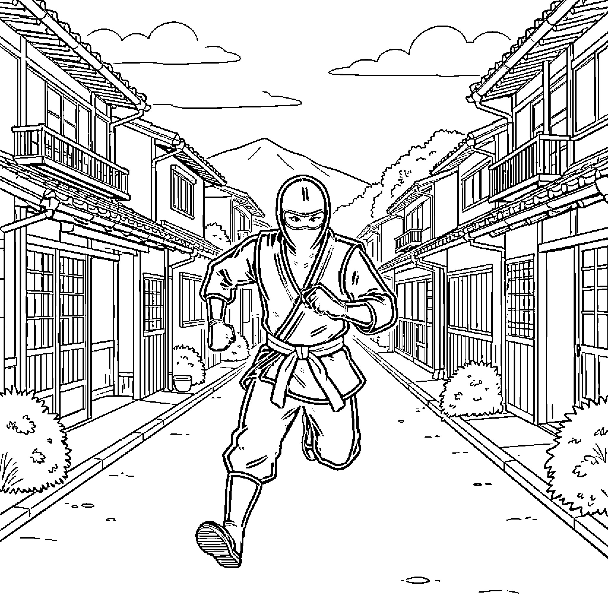 Ninja Warrior Sprinting Through Ancient Japanese Town Coloring Page (free black-and-white line drawing printable PDF for all, from beginners to advanced learners, including children, teens, adults, and seniors)