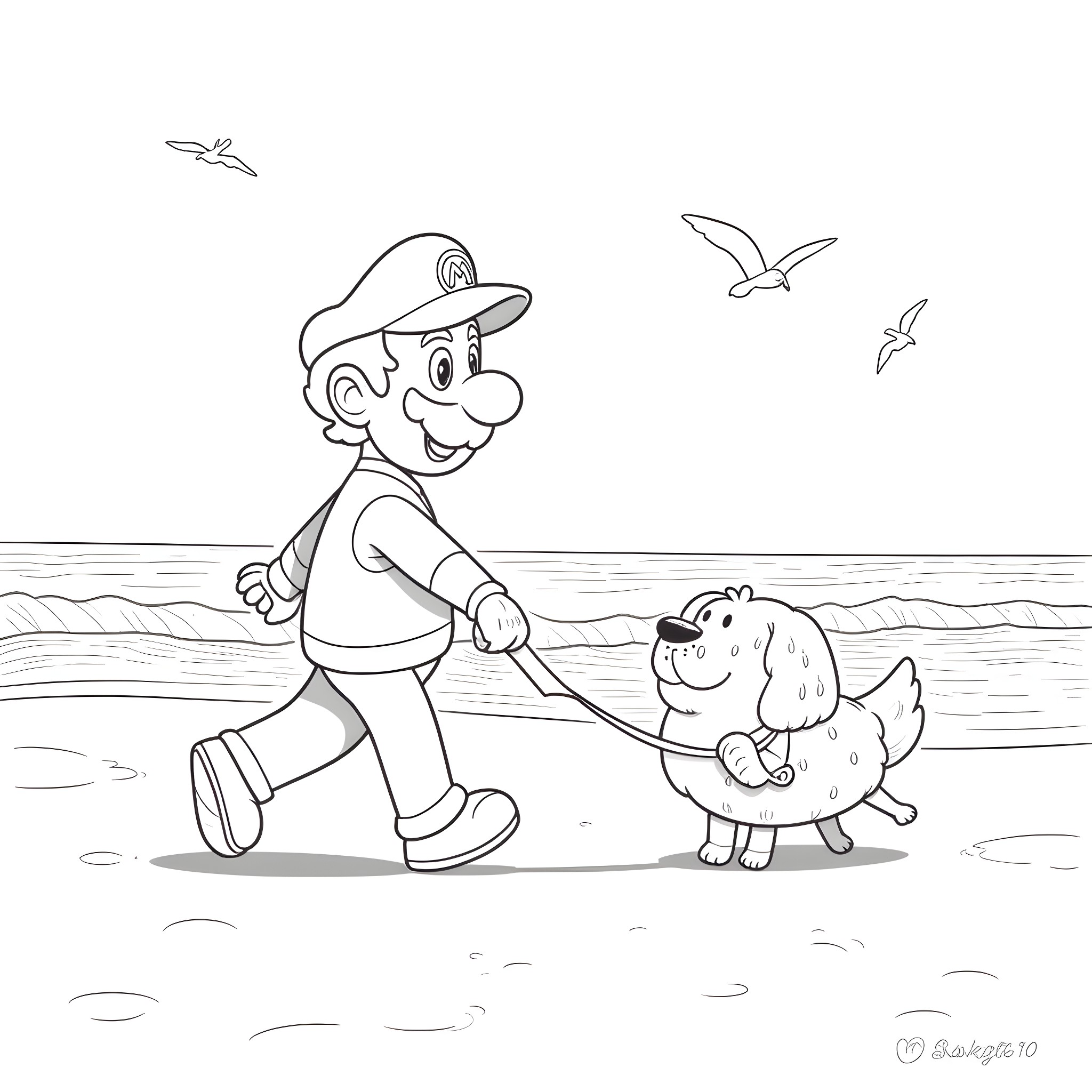 Mario enjoying a walk with his pet dog on the beach Coloring Page (free black-and-white line drawing printable PDF for all, from beginners to advanced learners, including children, teens, adults, and seniors)