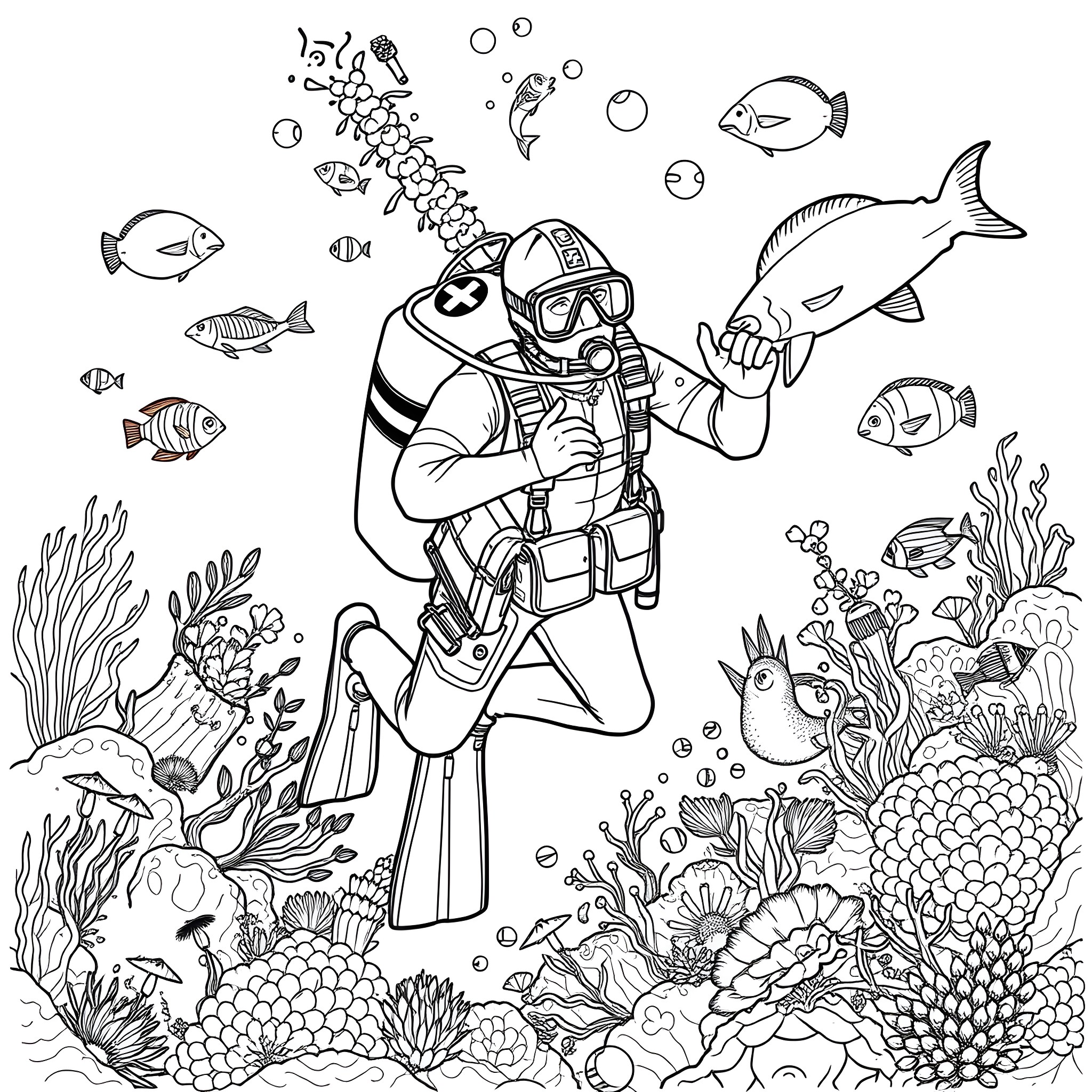 Paramedic Exploring the Underwater World Coloring Page (free black-and-white line drawing printable PDF for all, from beginners to advanced learners, including children, teens, adults, and seniors)