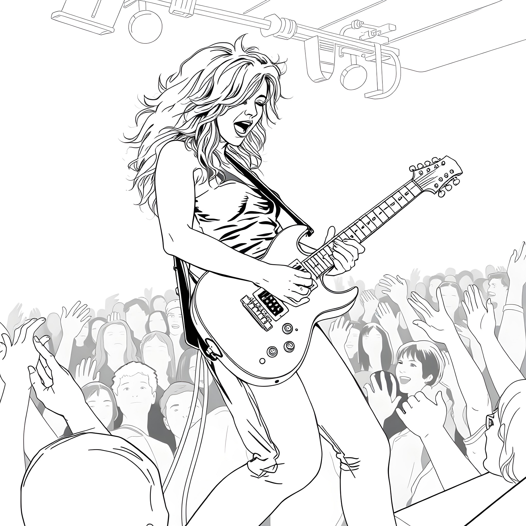 Courtney Love rocking out on stage with electric guitar Coloring Page (free black-and-white line drawing printable PDF for all, from beginners to advanced learners, including children, teens, adults, and seniors)