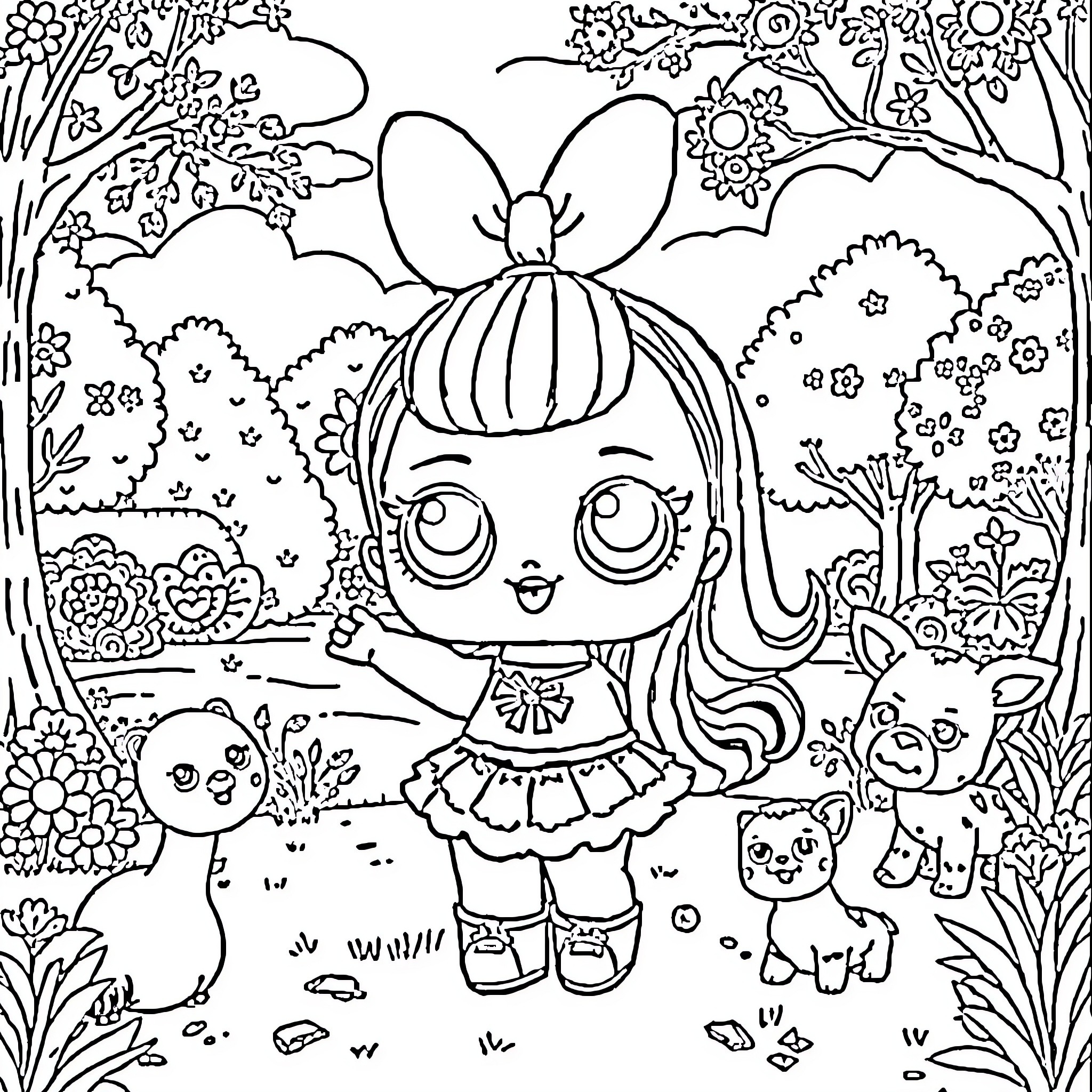 LOL Surprise dolls playing in the enchanted forest Coloring Page (free black-and-white line drawing printable PDF for all, from beginners to advanced learners, including children, teens, adults, and seniors)