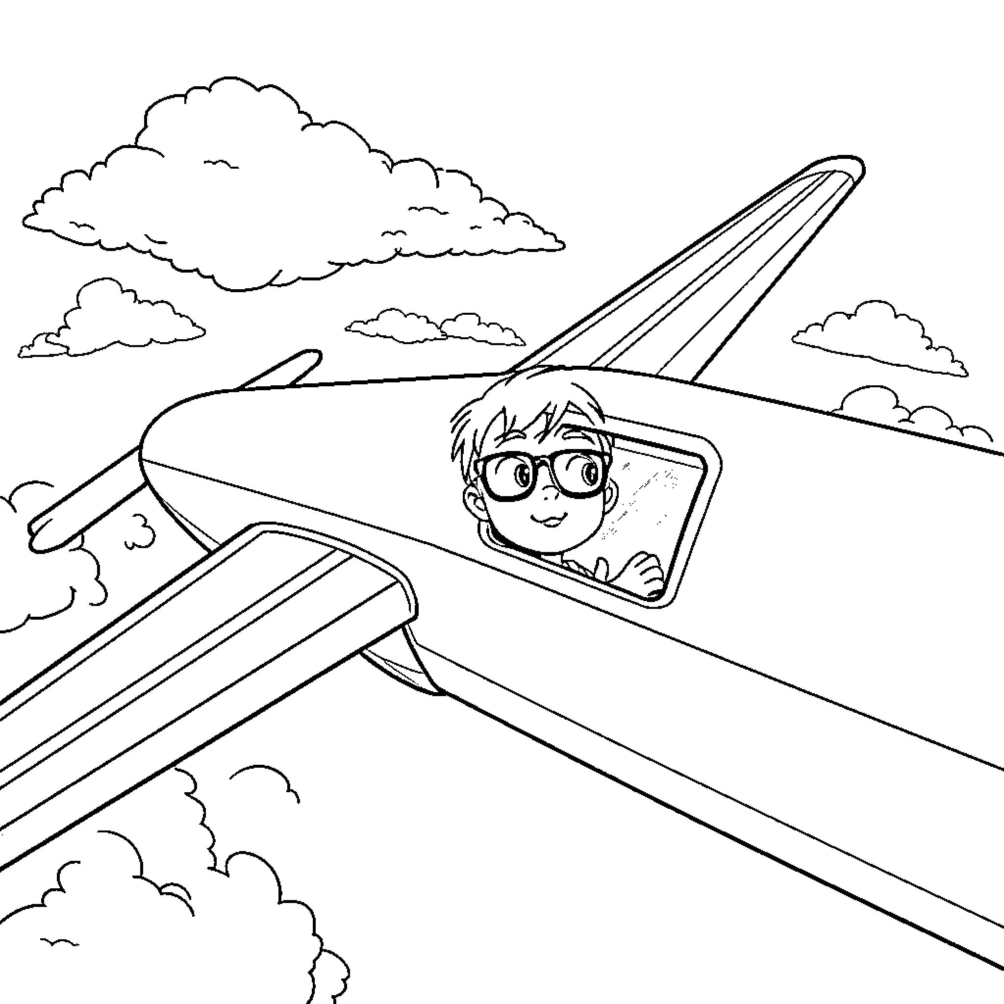 Plane soaring through the clouds with a cheerful pilot Coloring Page (free black-and-white line drawing printable PDF for all, from beginners to advanced learners, including children, teens, adults, and seniors)