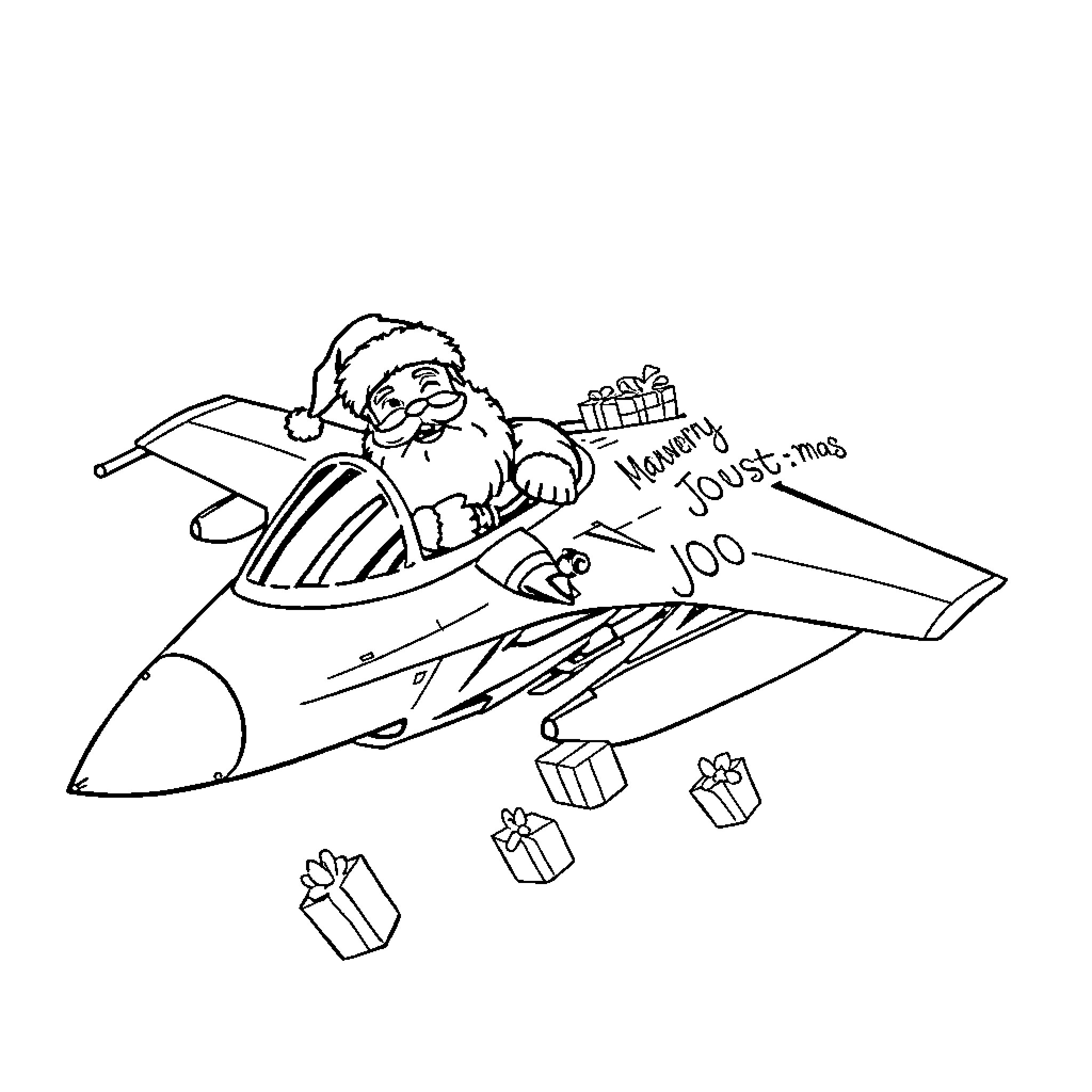 Santa flying a jet with gifts Coloring Page (free black-and-white line drawing printable PDF for all, from beginners to advanced learners, including children, teens, adults, and seniors)