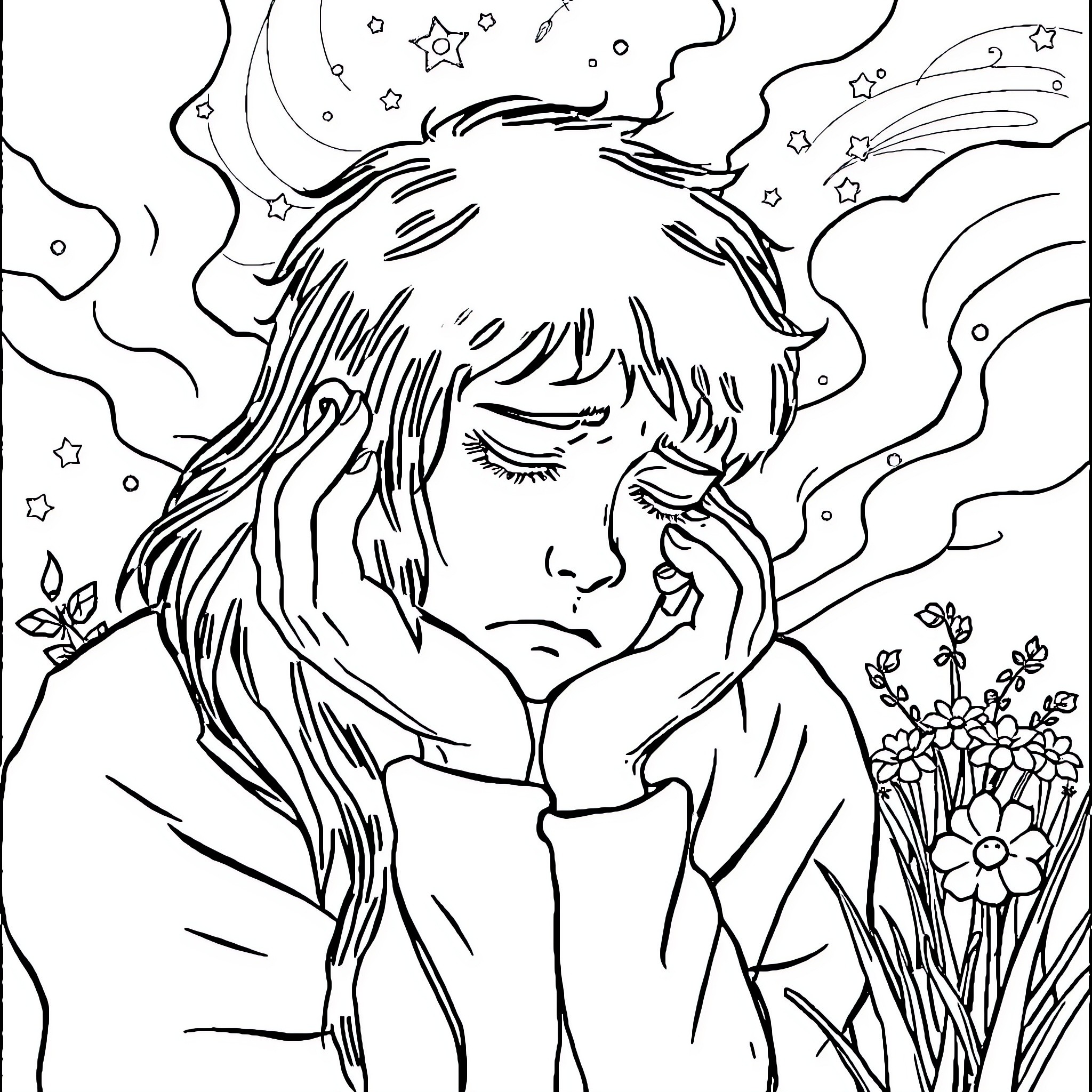 Depression in a Contemplative Moment Coloring Page (free black-and-white line drawing printable PDF for all, from beginners to advanced learners, including children, teens, adults, and seniors)