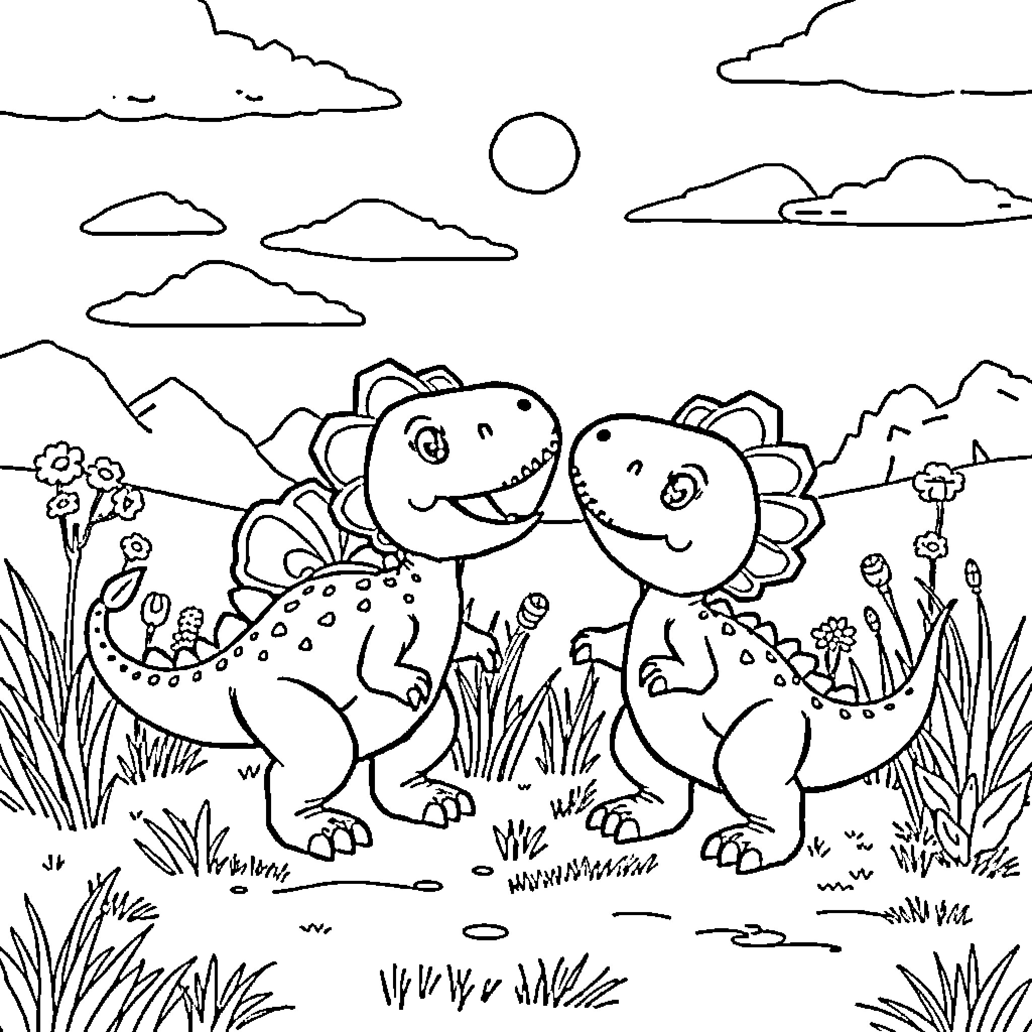 Dinosaur friends playing in a meadow Coloring Page (free black-and-white line drawing printable PDF for all, from beginners to advanced learners, including children, teens, adults, and seniors)