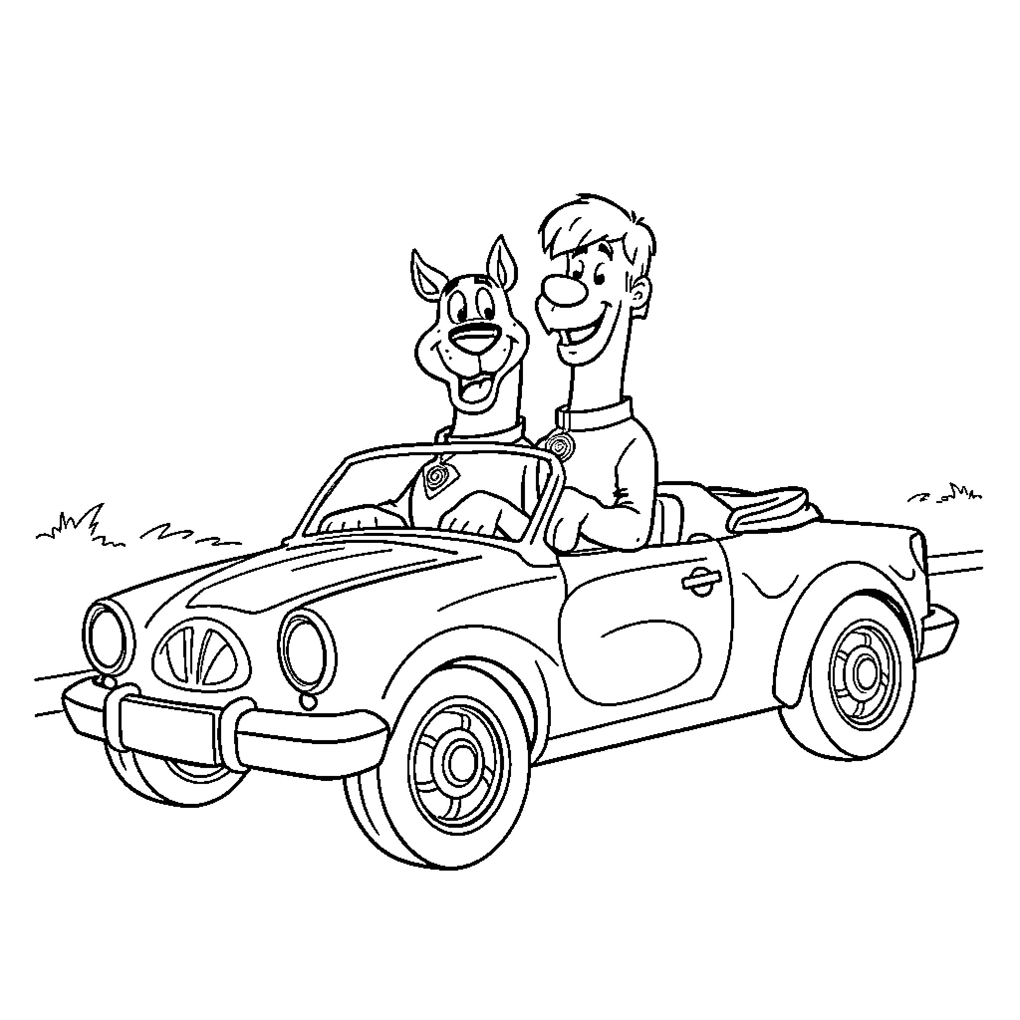 Shaggy friends enjoying a joyful road trip Coloring Page (free black-and-white line drawing printable PDF for all, from beginners to advanced learners, including children, teens, adults, and seniors)