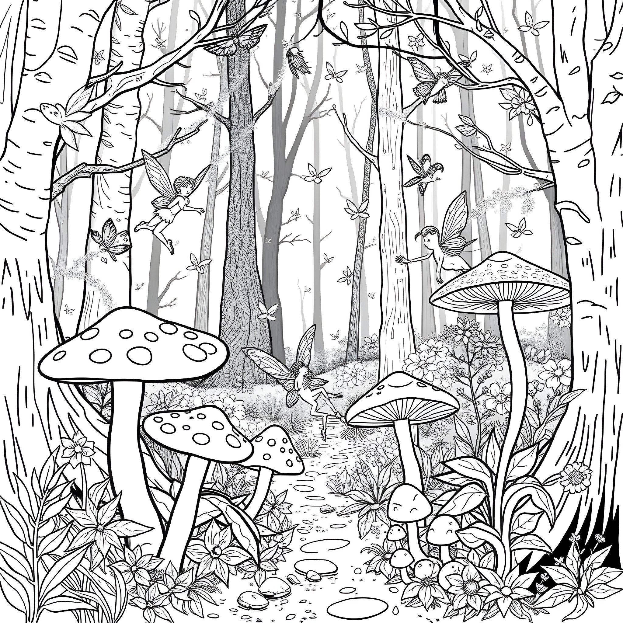 Fairy Forest with Mushrooms, Butterflies, and Fairies Coloring Page (free black-and-white line drawing printable PDF for all, from beginners to advanced learners, including children, teens, adults, and seniors)