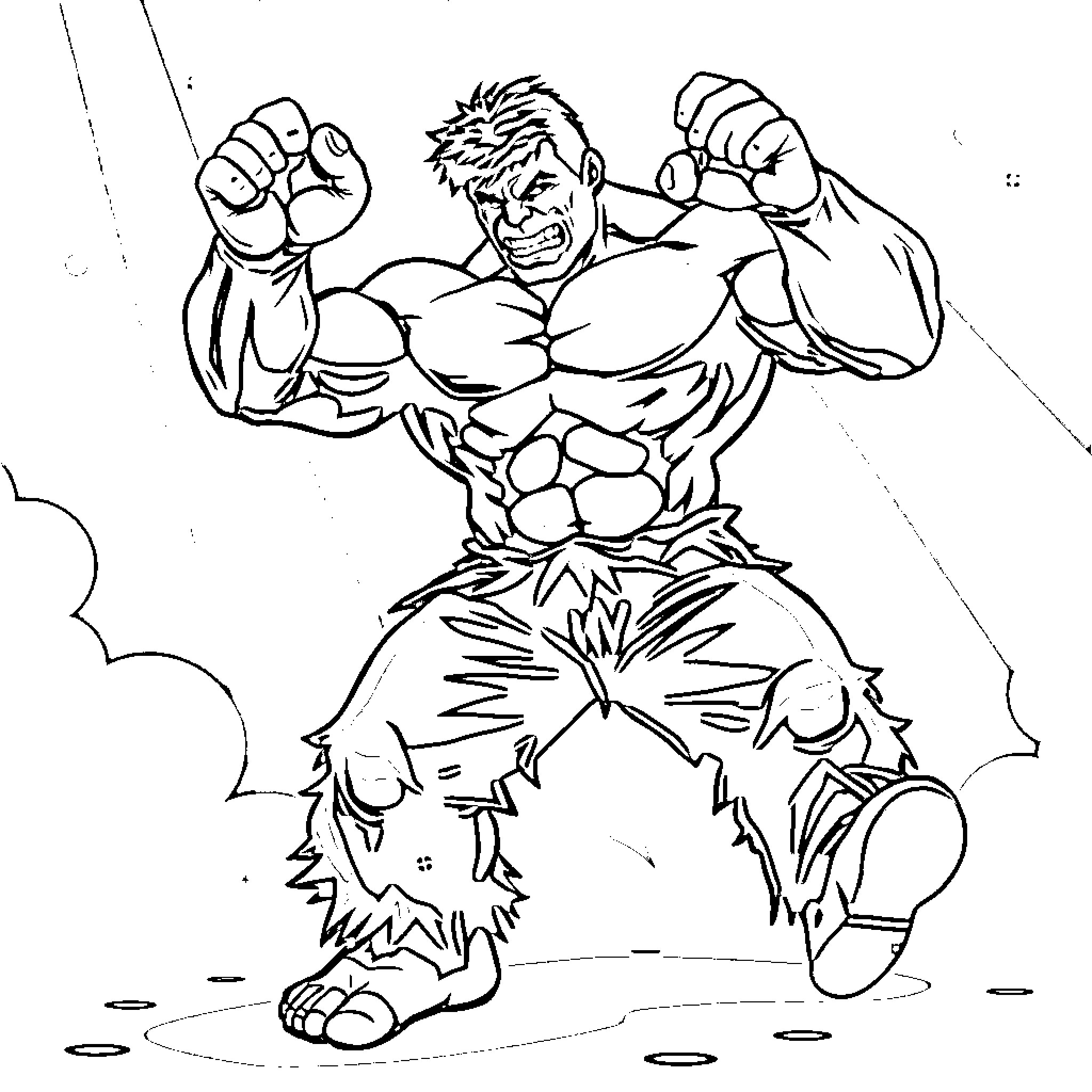 Hulk flexing muscles with intensity Coloring Page (free black-and-white line drawing printable PDF for all, from beginners to advanced learners, including children, teens, adults, and seniors)