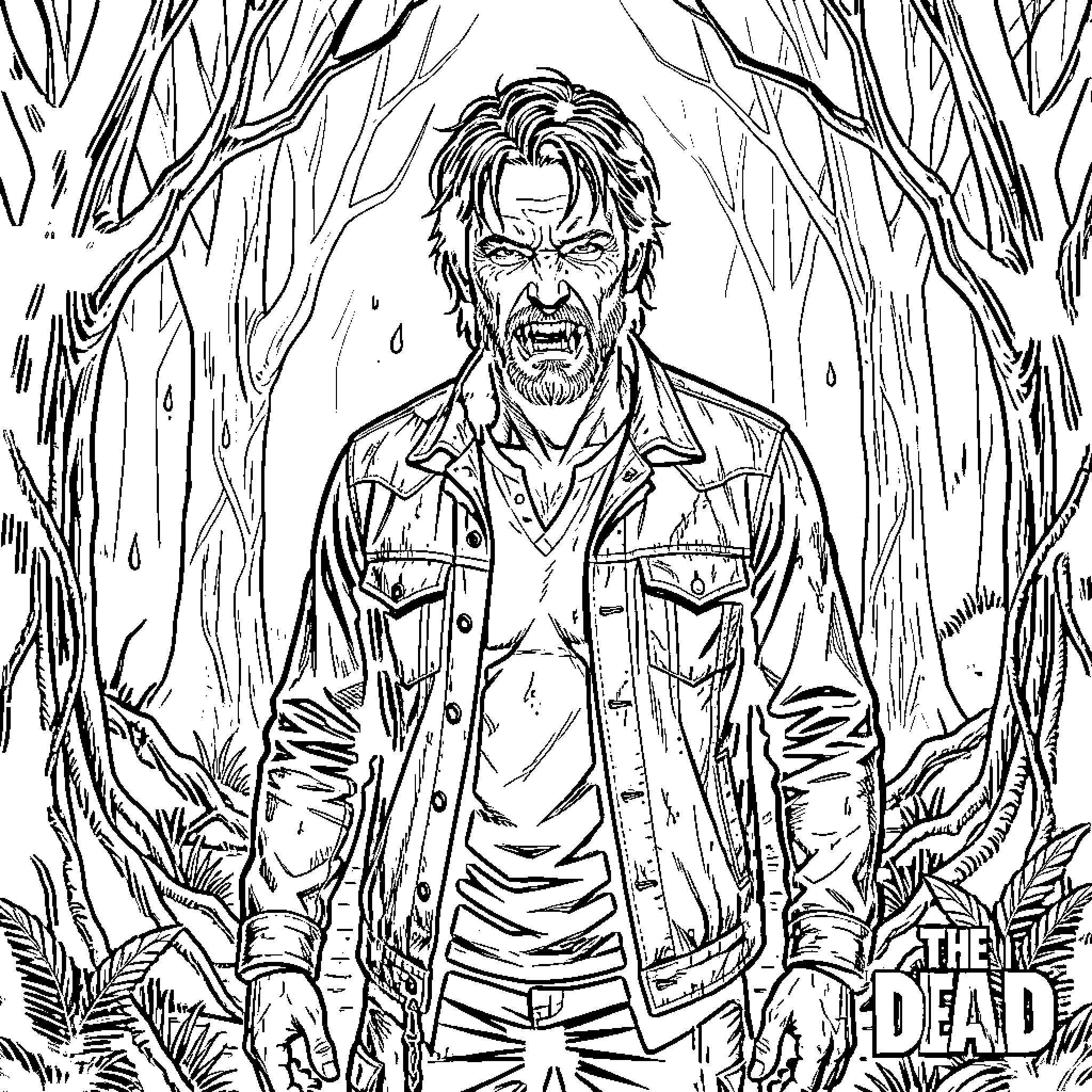 Daryl Dixon with a fierce and intense expression Coloring Page (free black-and-white line drawing printable PDF for all, from beginners to advanced learners, including children, teens, adults, and seniors)
