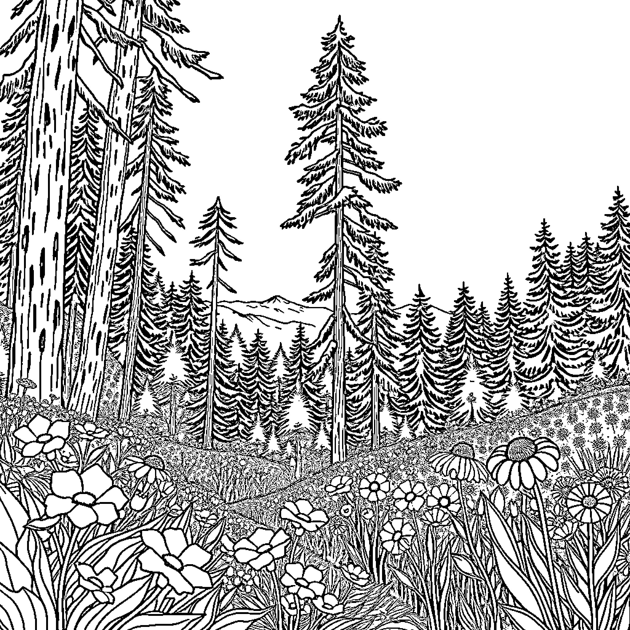 Nature's Tranquil Forest Landscape Coloring Page (free black-and-white line drawing printable PDF for all, from beginners to advanced learners, including children, teens, adults, and seniors)