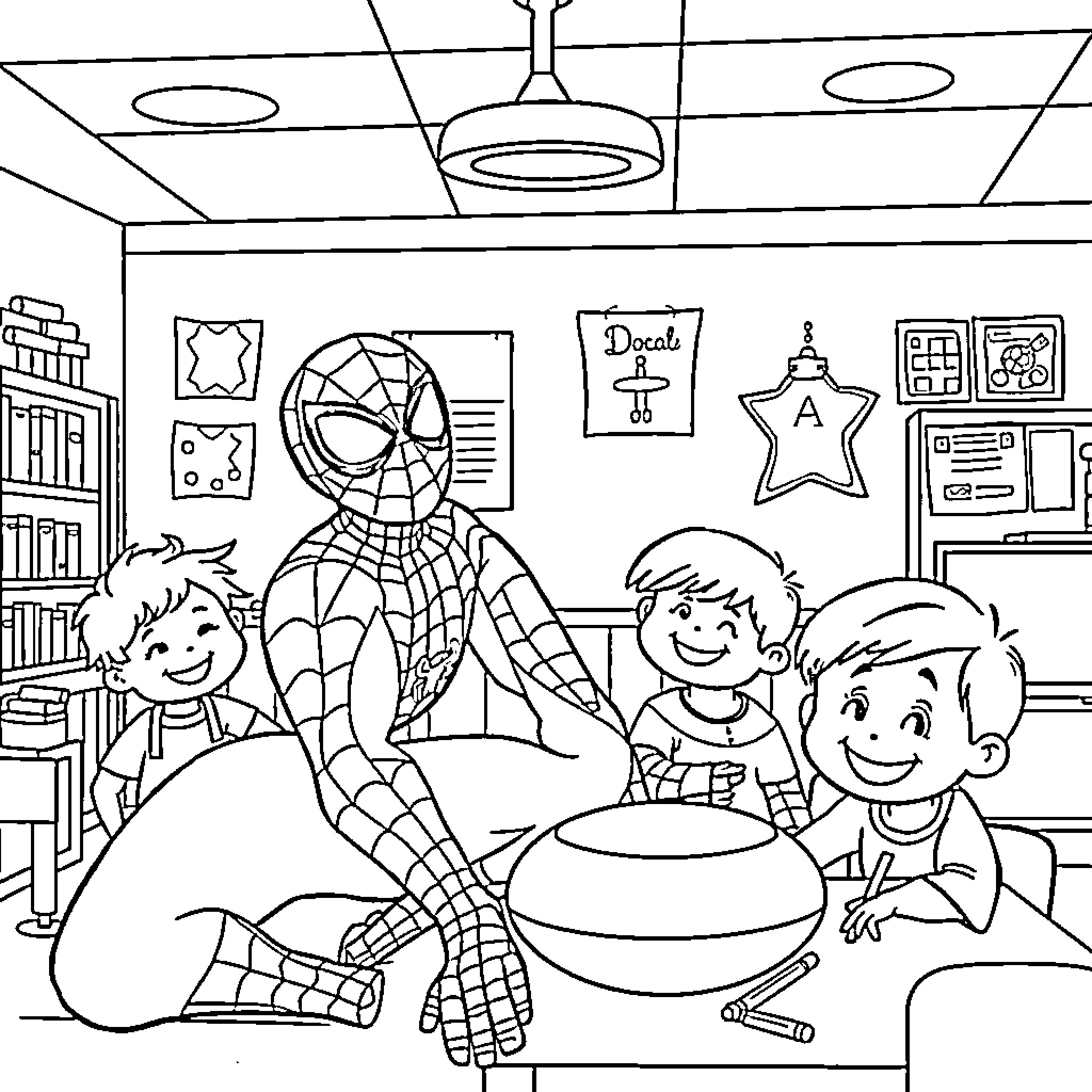Spiderman entertains children in the classroom Coloring Page (free black-and-white line drawing printable PDF for all, from beginners to advanced learners, including children, teens, adults, and seniors)