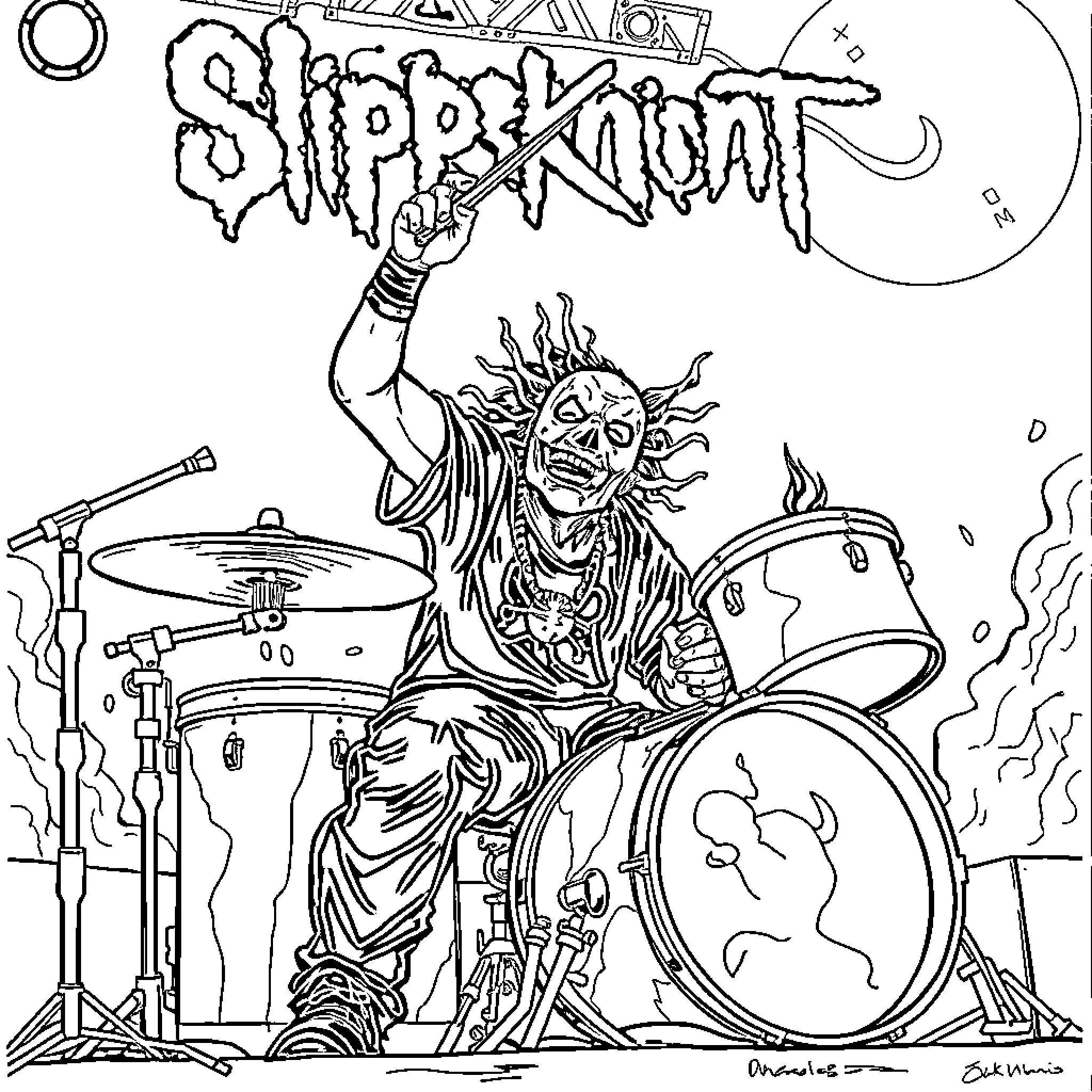 Slipknot drummer playing ferociously on stage Coloring Page (free black-and-white line drawing printable PDF for all, from beginners to advanced learners, including children, teens, adults, and seniors)