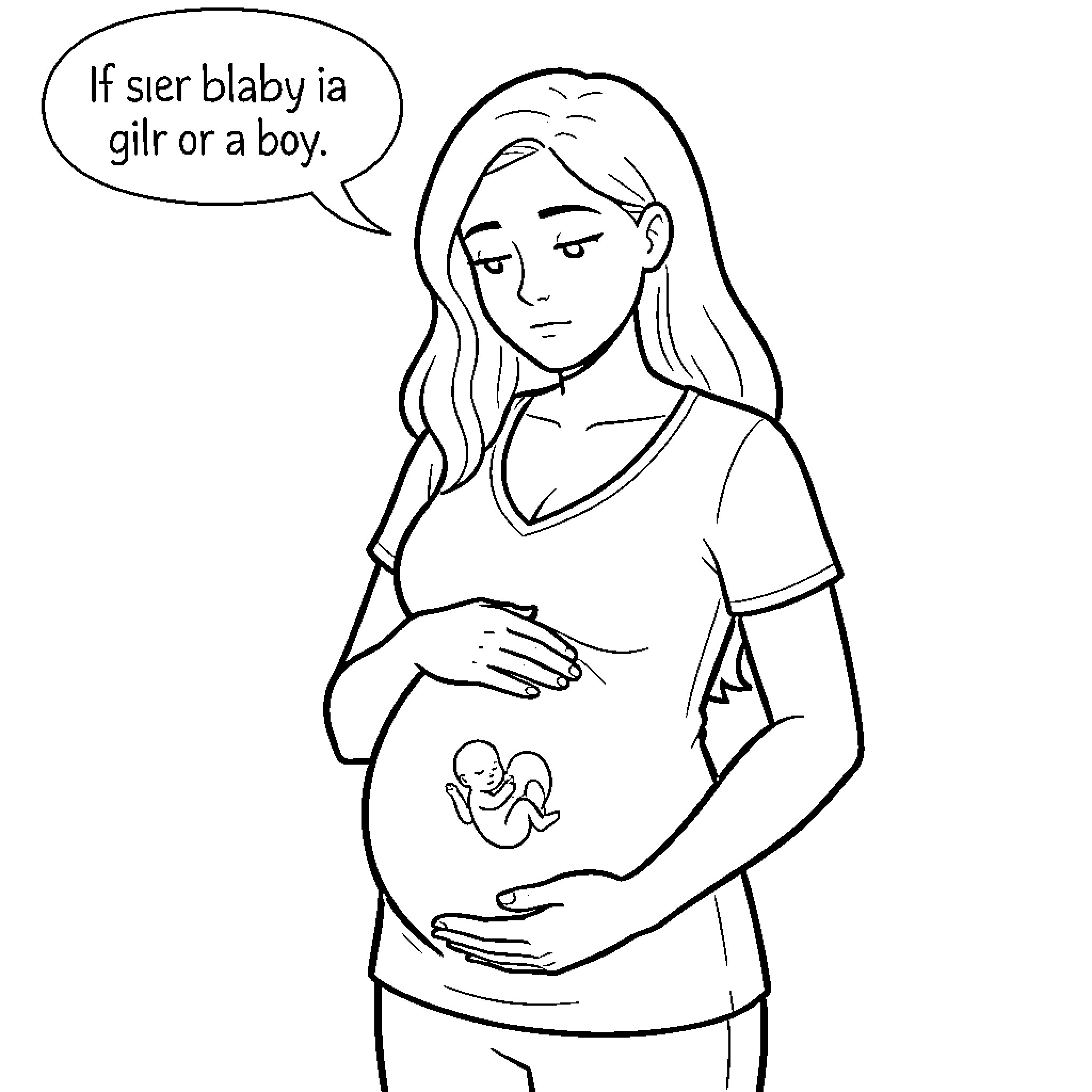 Pregnant Woman Pondering Gender Expectations Coloring Page (free black-and-white line drawing printable PDF for all, from beginners to advanced learners, including children, teens, adults, and seniors)