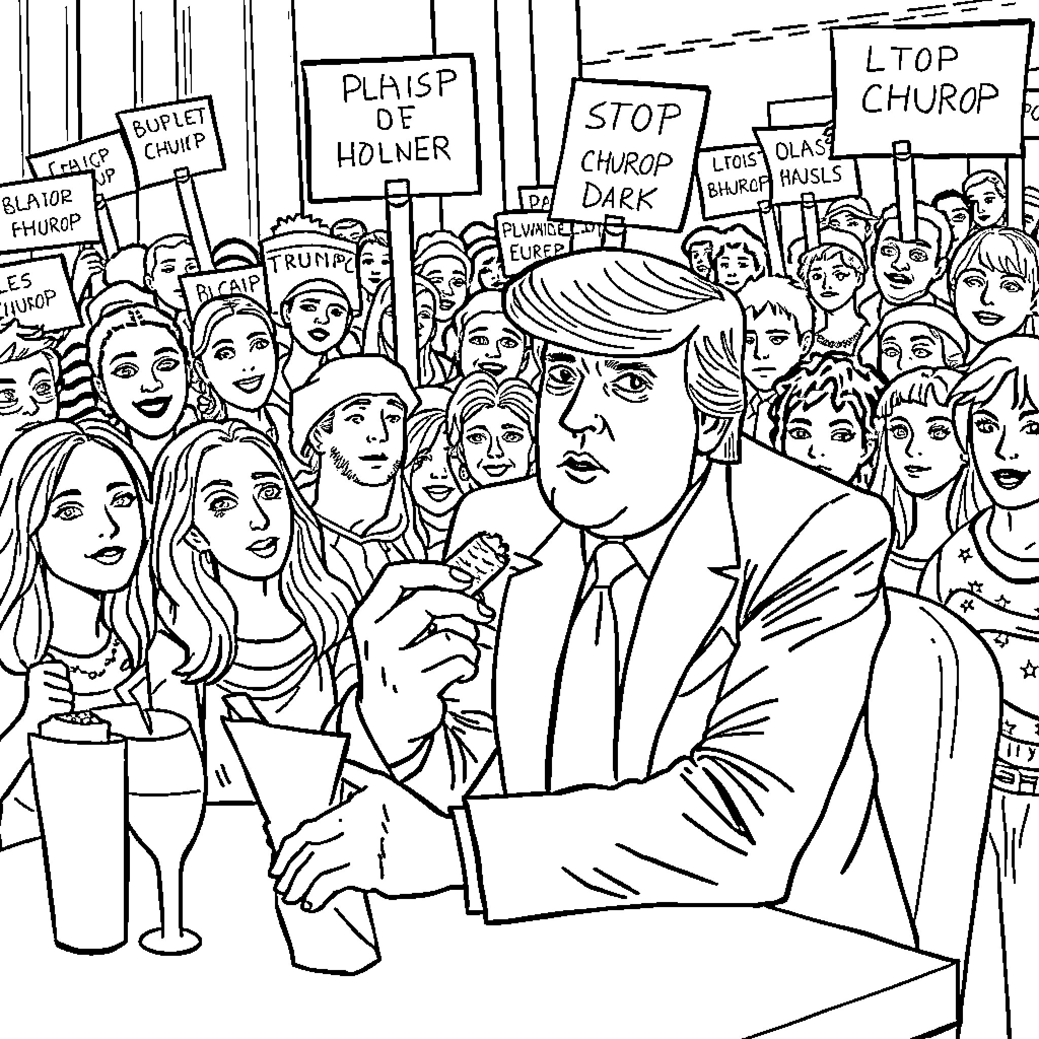 Donald Trump Addressing Crowd with Protest Signs Coloring Page (free black-and-white line drawing printable PDF for all, from beginners to advanced learners, including children, teens, adults, and seniors)