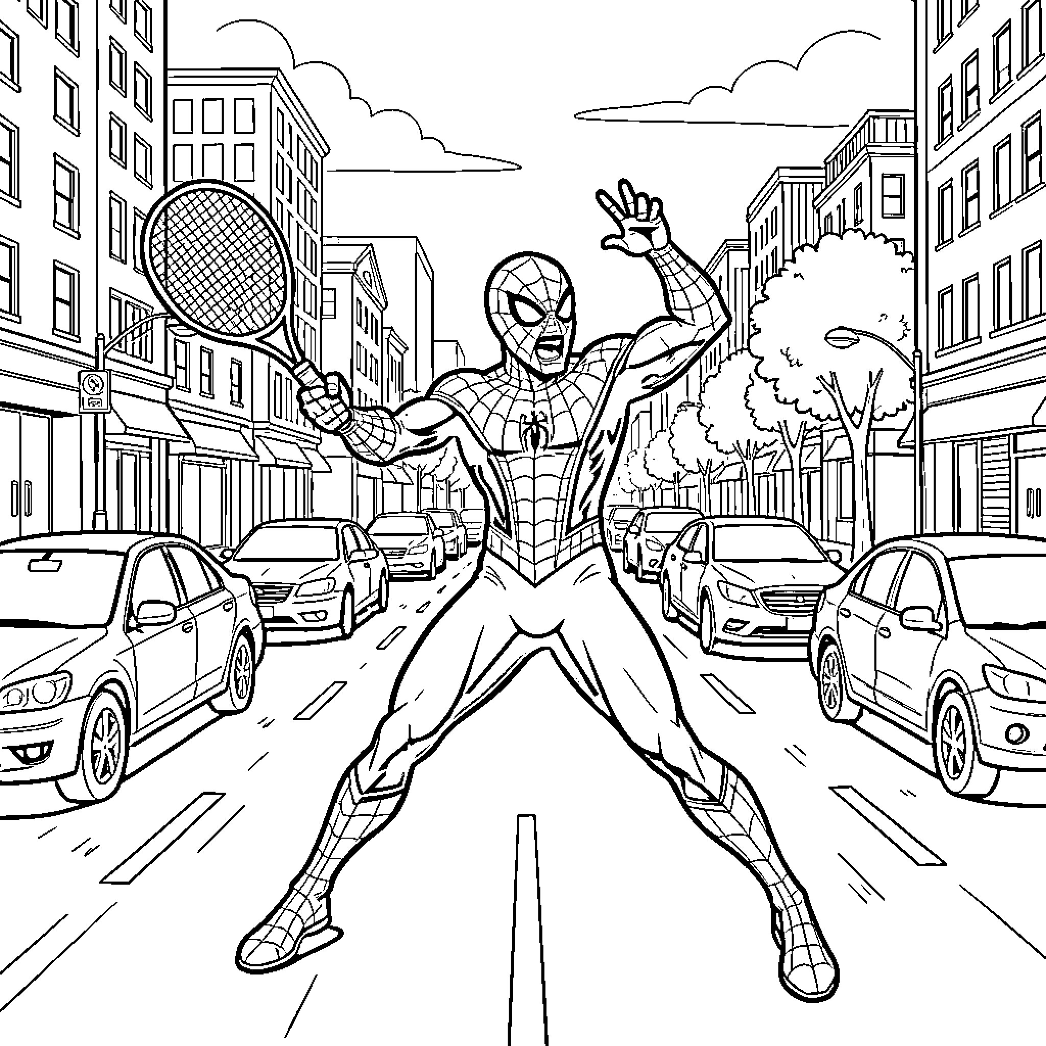 Spiderman posing heroically in a busy city street Coloring Page (free black-and-white line drawing printable PDF for all, from beginners to advanced learners, including children, teens, adults, and seniors)