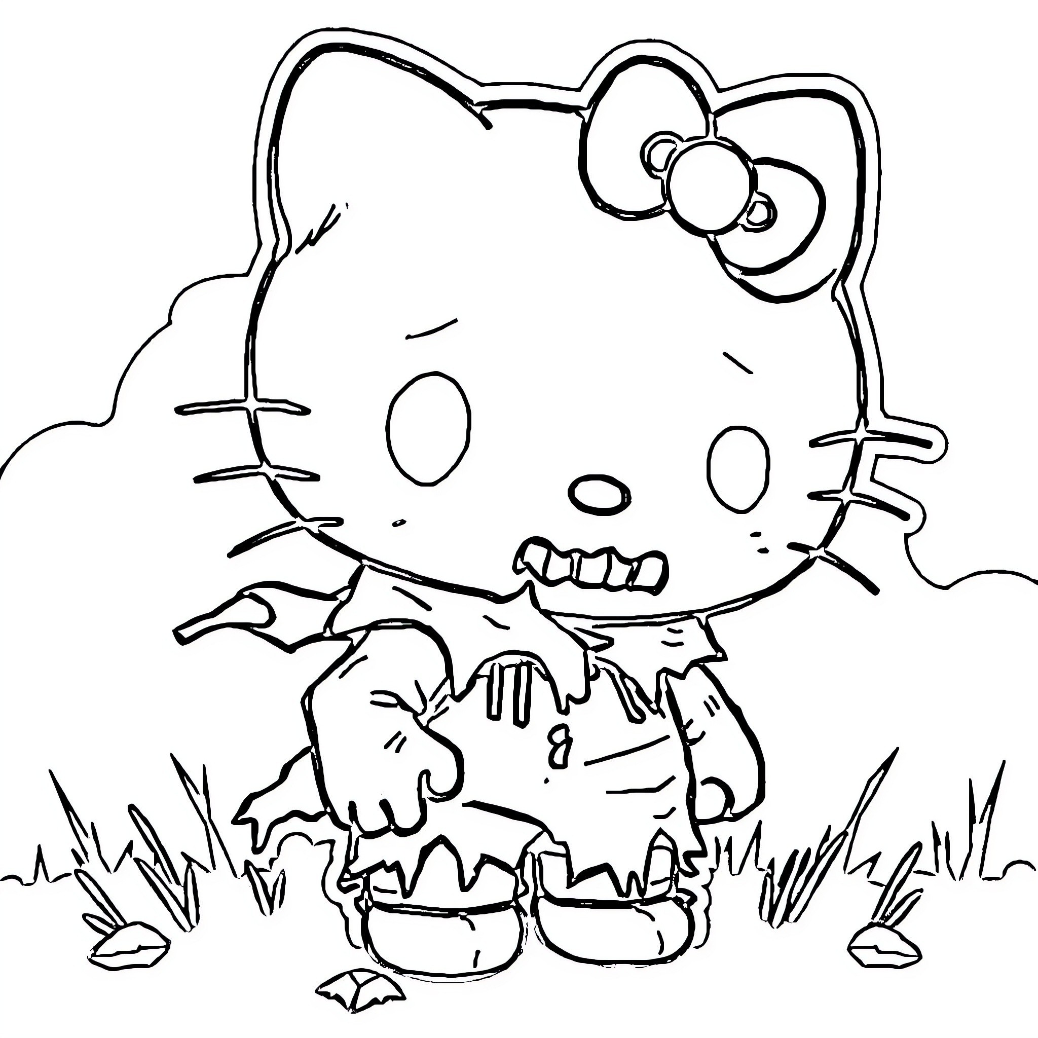 Hello Kitty as a zombie in a spooky landscape Coloring Page (free black-and-white line drawing printable PDF for all, from beginners to advanced learners, including children, teens, adults, and seniors)