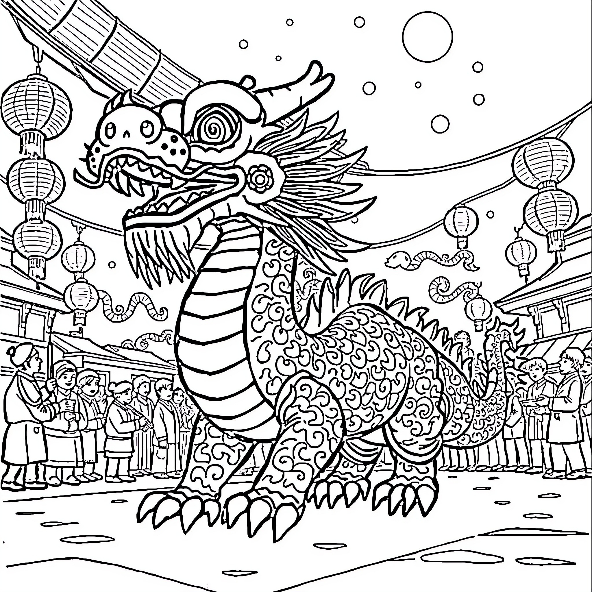 Dragon Festival Parade with Lanterns and Spectators Coloring Page (free black-and-white line drawing printable PDF for all, from beginners to advanced learners, including children, teens, adults, and seniors)