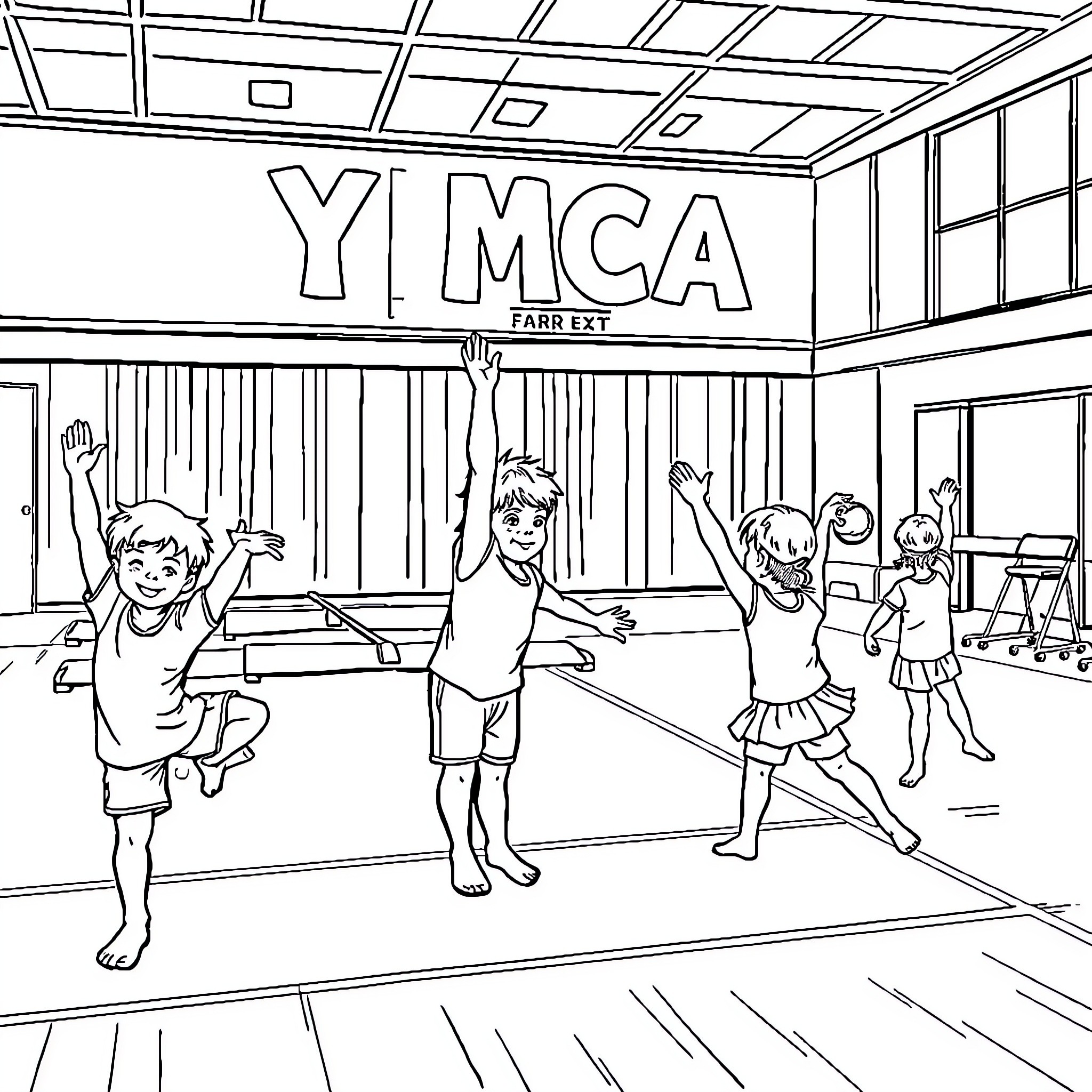Gymnastics Exercises at the YMCA Facility Coloring Page (free black-and-white line drawing printable PDF for all, from beginners to advanced learners, including children, teens, adults, and seniors)