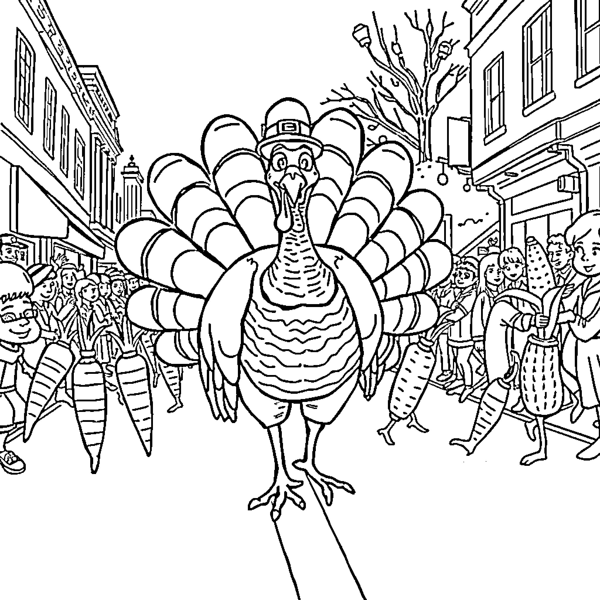 Turkey strutting through a festive town parade Coloring Page (free black-and-white line drawing printable PDF for all, from beginners to advanced learners, including children, teens, adults, and seniors)
