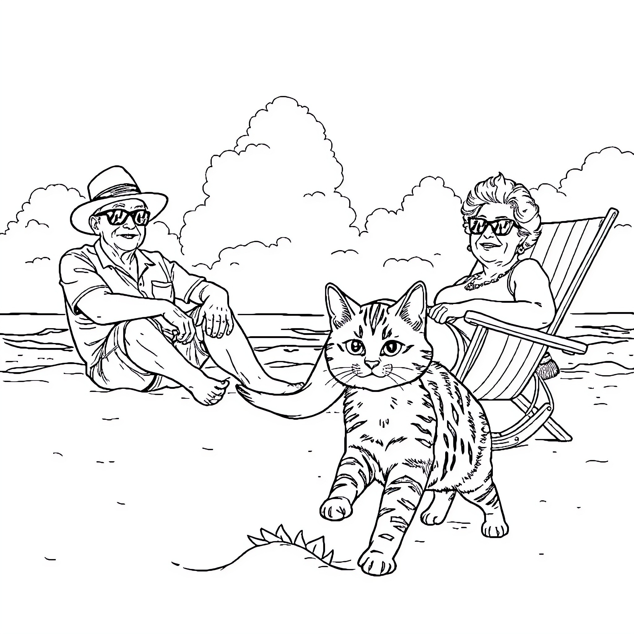 Tabby Cat relaxing with elderly men on the beach Coloring Page (free black-and-white line drawing printable PDF for all, from beginners to advanced learners, including children, teens, adults, and seniors)