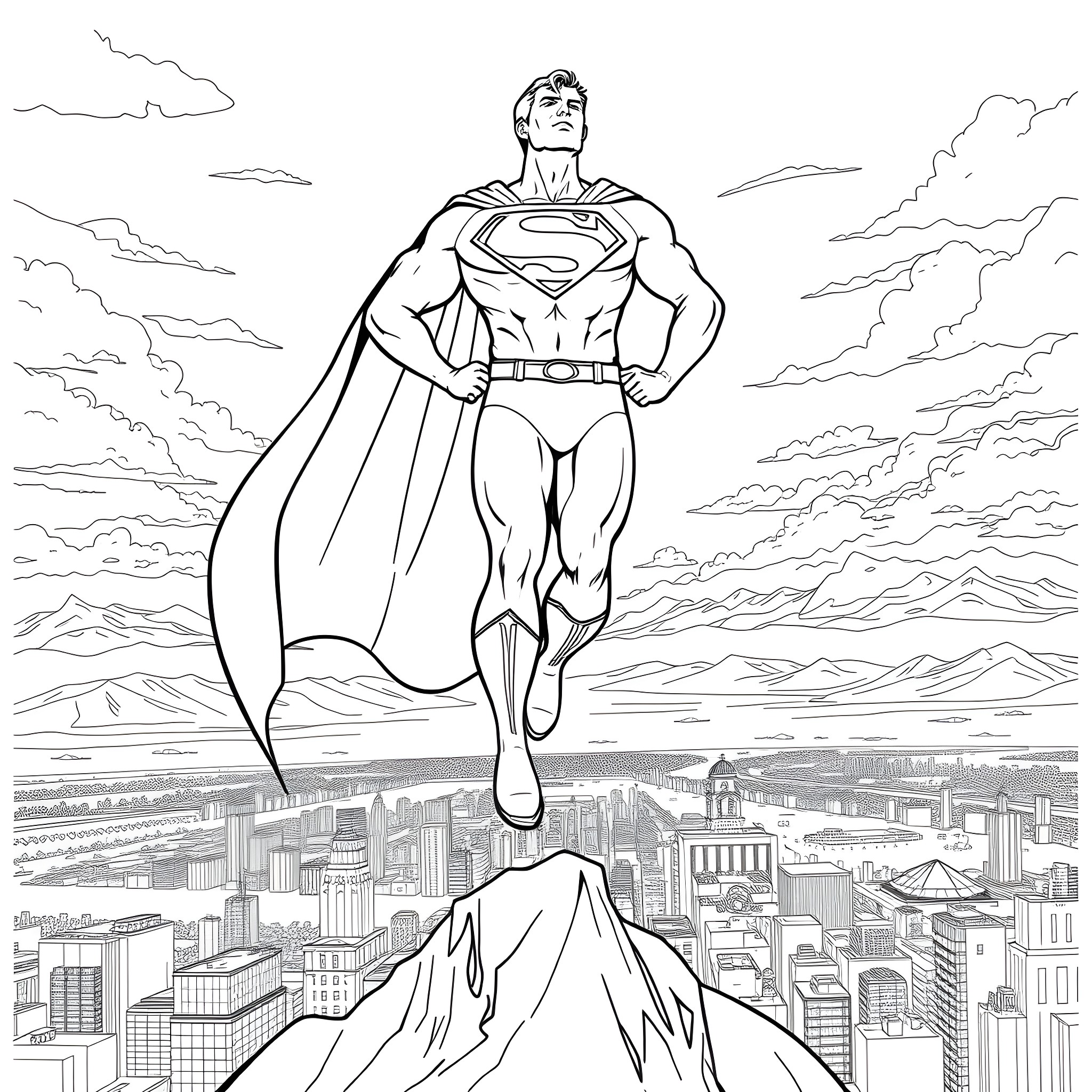 Superman soaring over a cityscape with a determined expression Coloring Page (free black-and-white line drawing printable PDF for all, from beginners to advanced learners, including children, teens, adults, and seniors)