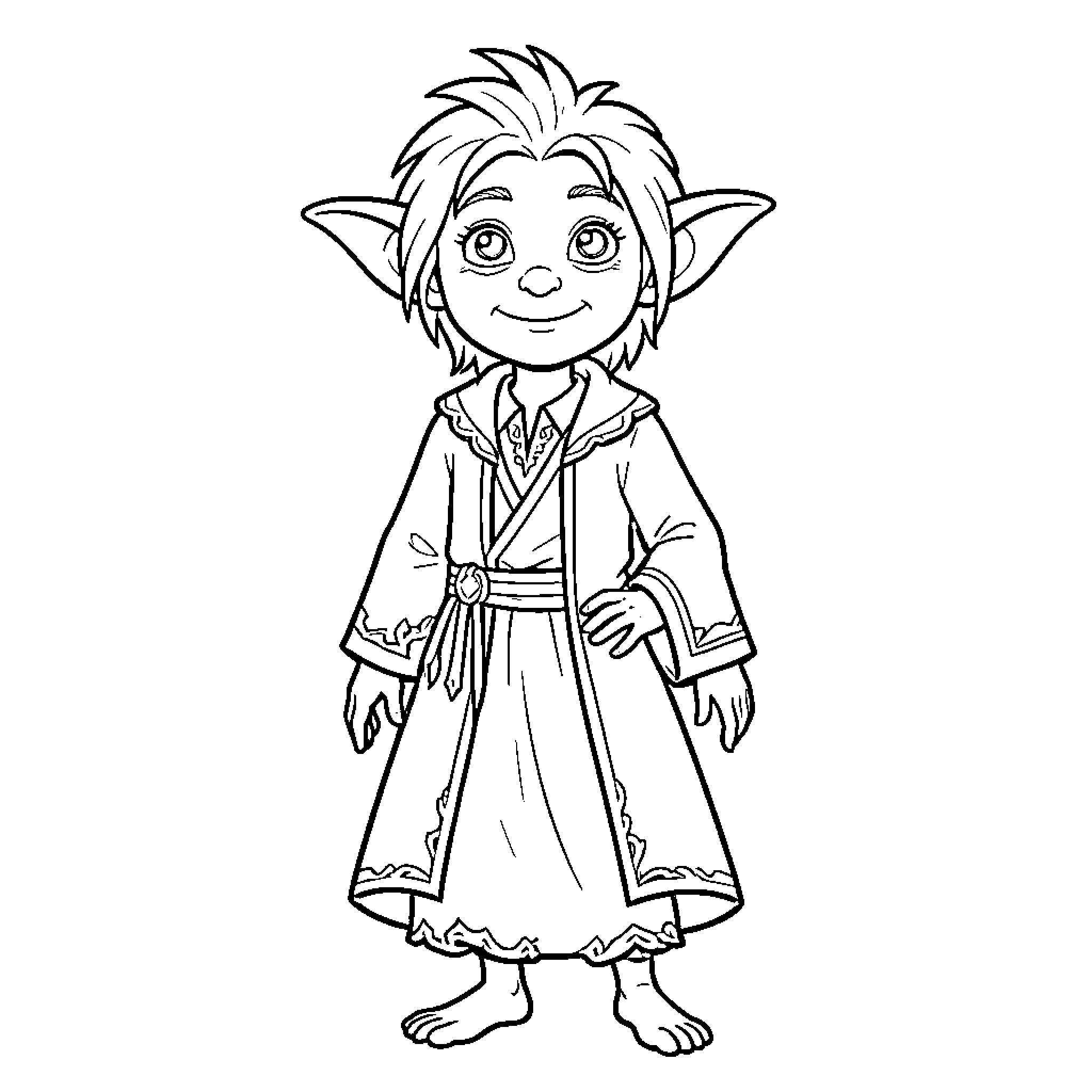 Dobby the Joyful Elf in Ceremonial Robes Coloring Page (free black-and-white line drawing printable PDF for all, from beginners to advanced learners, including children, teens, adults, and seniors)