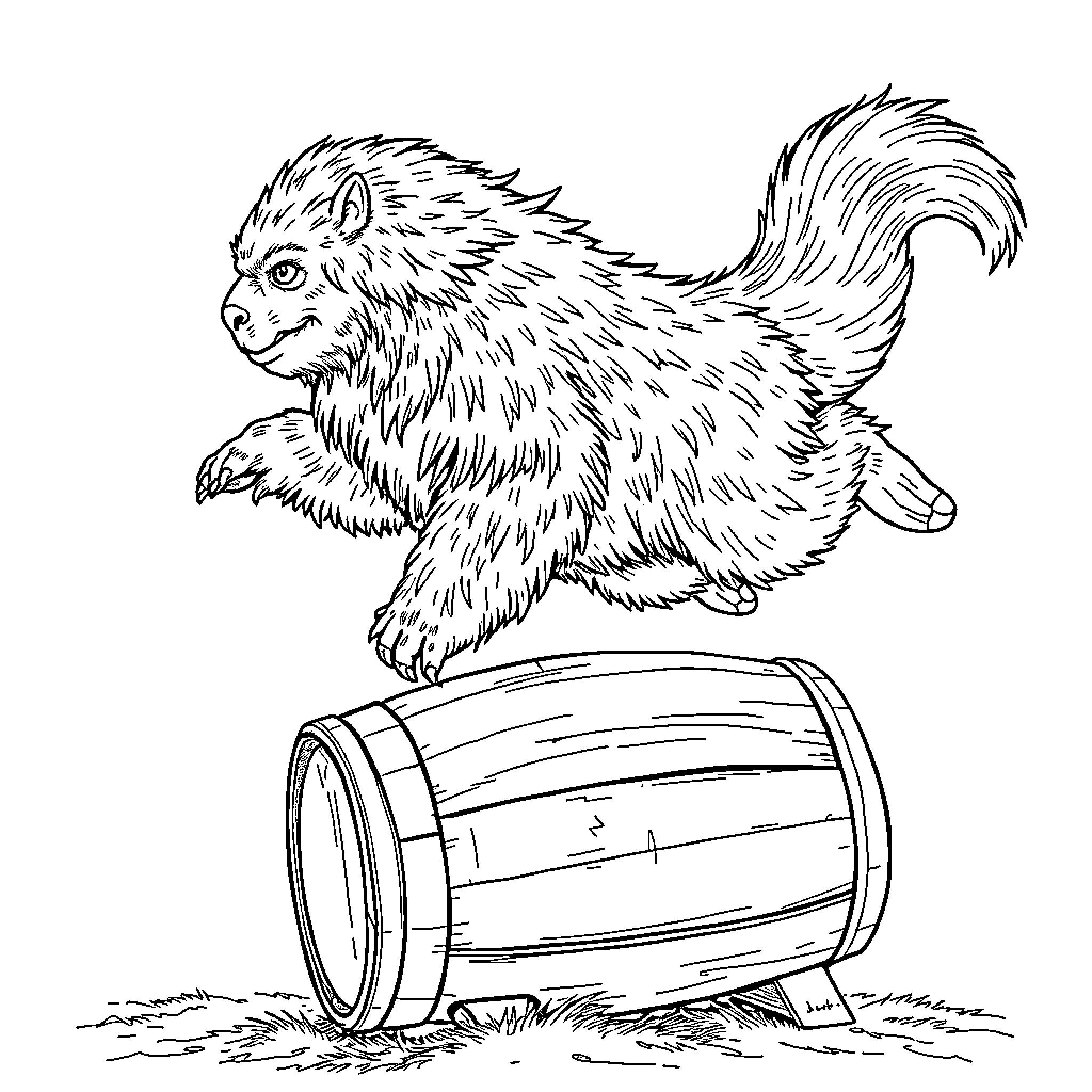 Bantha creature jumping over wooden barrel Coloring Page (free black-and-white line drawing printable PDF for all, from beginners to advanced learners, including children, teens, adults, and seniors)