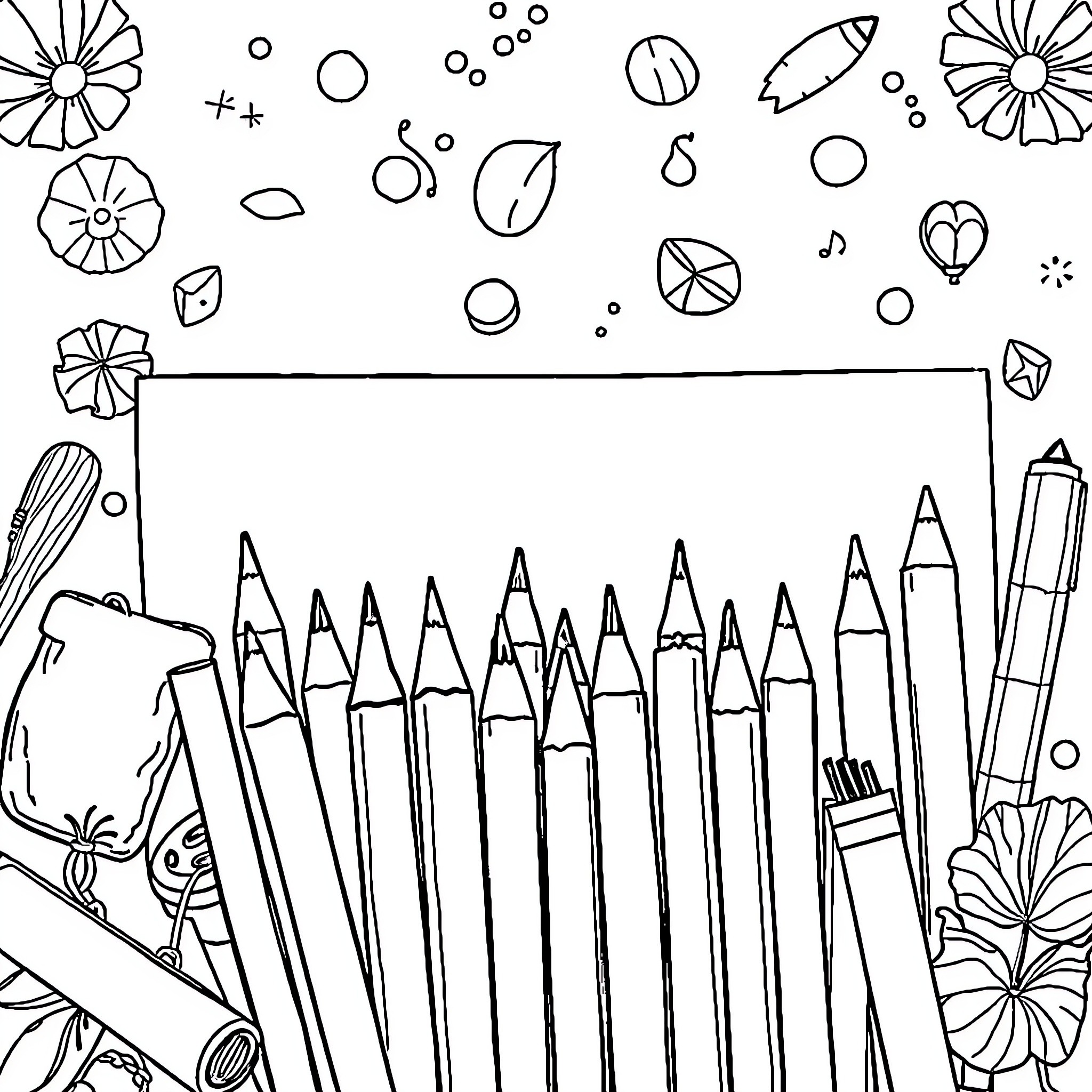 School Supplies with Assorted Stationery Coloring Page (free black-and-white line drawing printable PDF for all, from beginners to advanced learners, including children, teens, adults, and seniors)