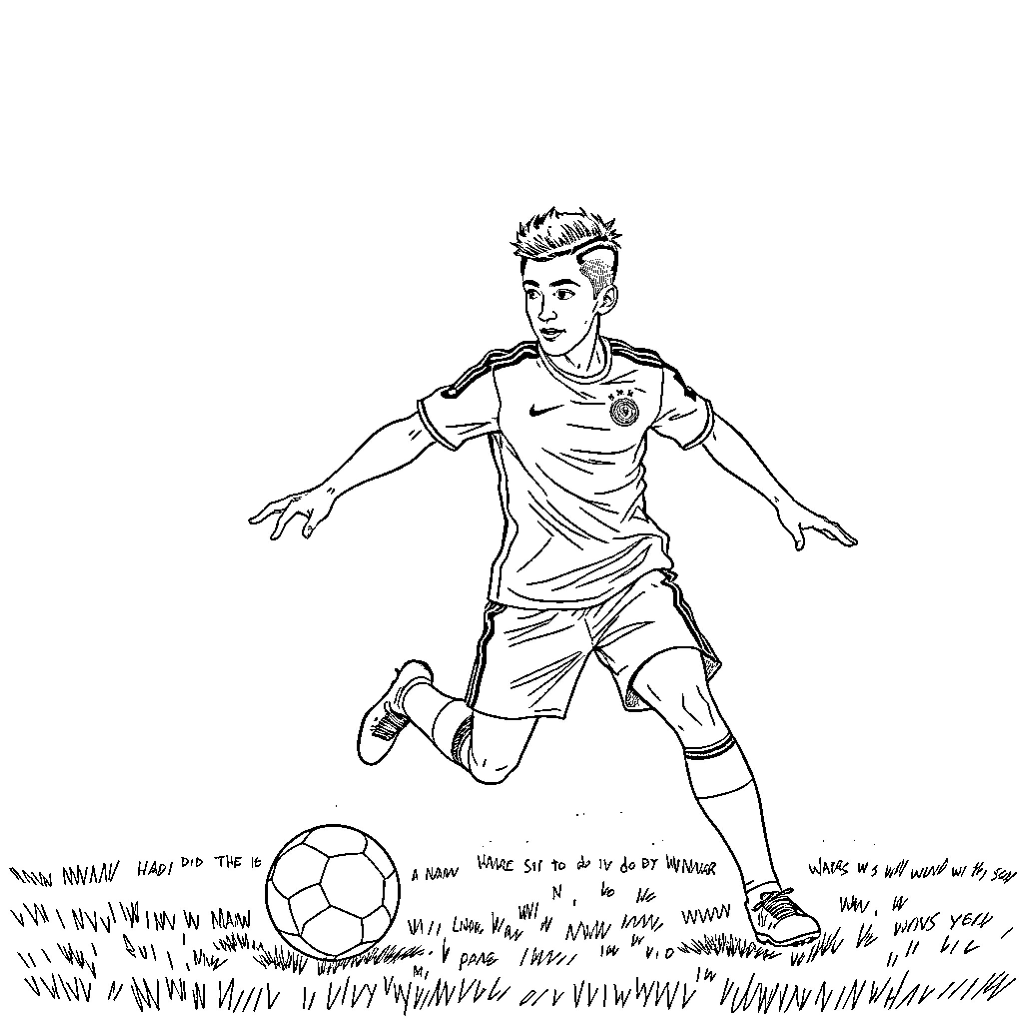 Lamine Yamal playing soccer on the field Coloring Page (free black-and-white line drawing printable PDF for all, from beginners to advanced learners, including children, teens, adults, and seniors)