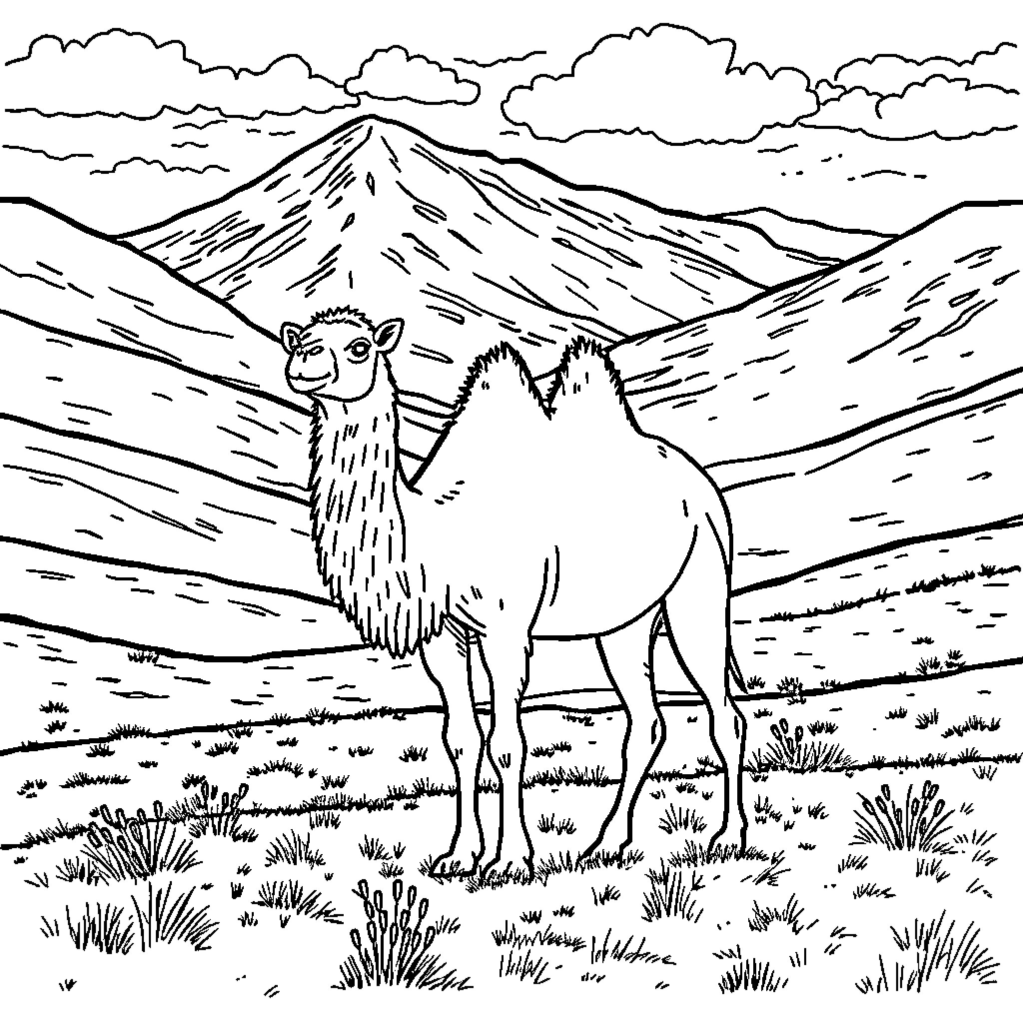 Camel standing in desert landscape with mountains Coloring Page (free black-and-white line drawing printable PDF for all, from beginners to advanced learners, including children, teens, adults, and seniors)