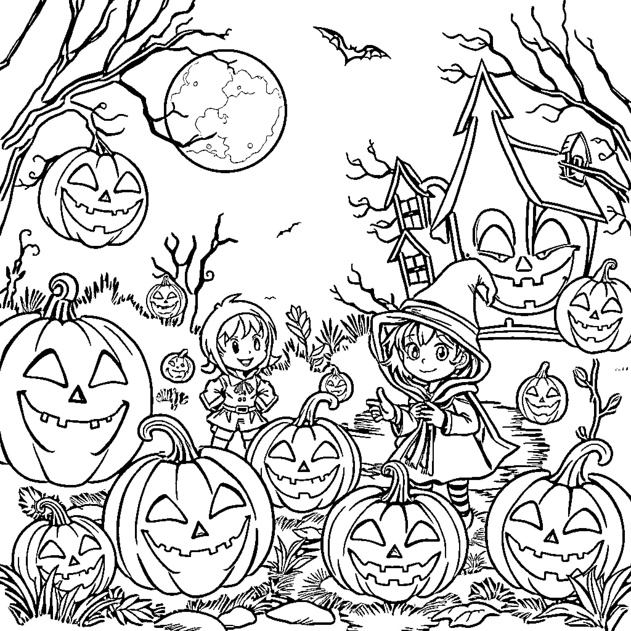 Halloween characters and pumpkins in a spooky scene Coloring Page (free black-and-white line drawing printable PDF for all, from beginners to advanced learners, including children, teens, adults, and seniors)