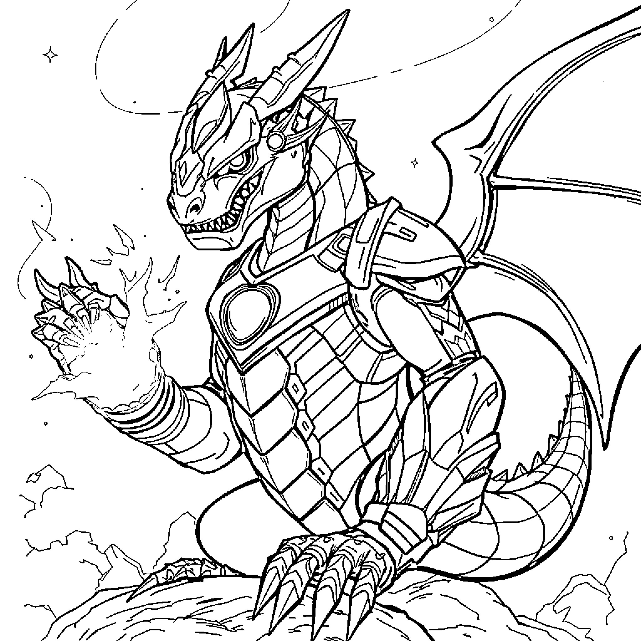 Dracaufeu - Powerful dragon in action Coloring Page (free black-and-white line drawing printable PDF for all, from beginners to advanced learners, including children, teens, adults, and seniors)