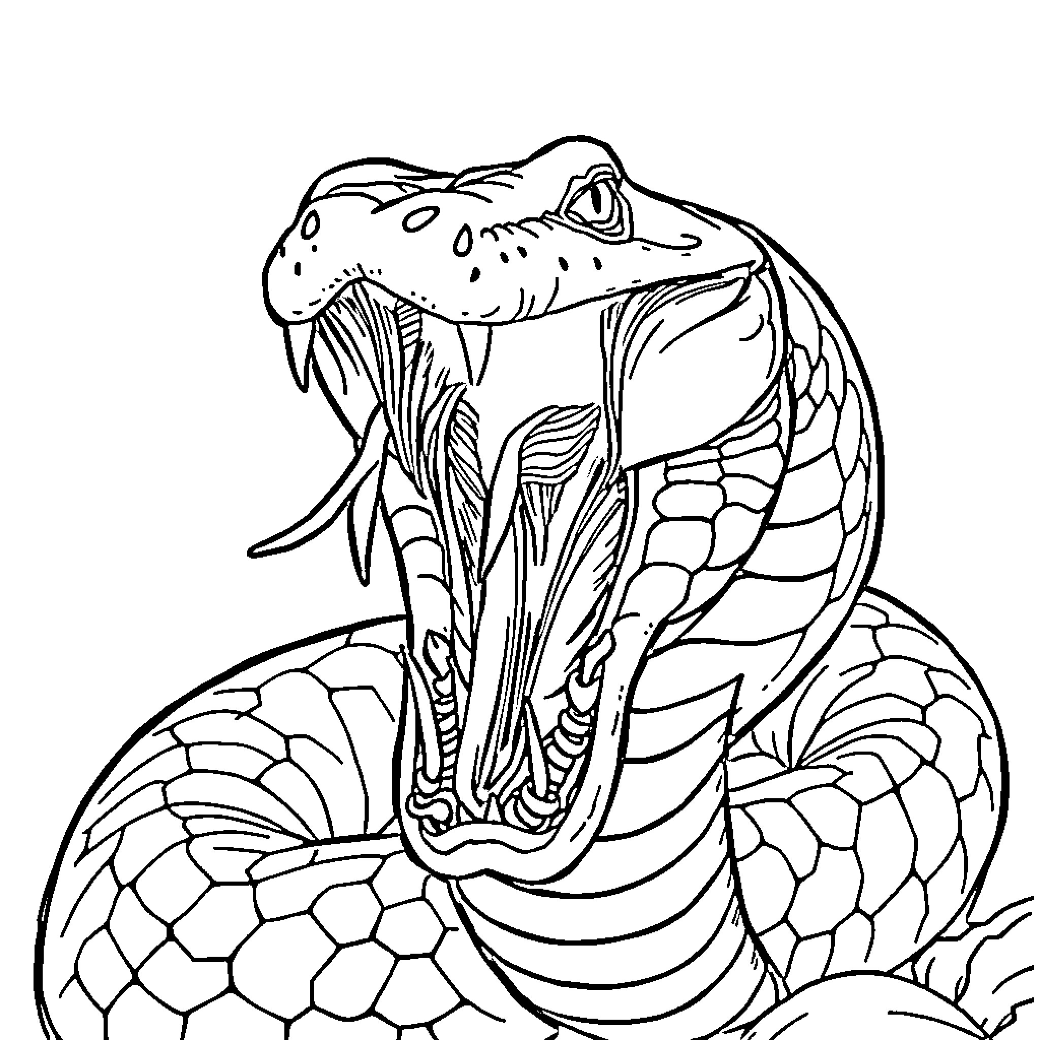 Snake Baring Fangs and Ready to Strike Coloring Page (free black-and-white line drawing printable PDF for all, from beginners to advanced learners, including children, teens, adults, and seniors)
