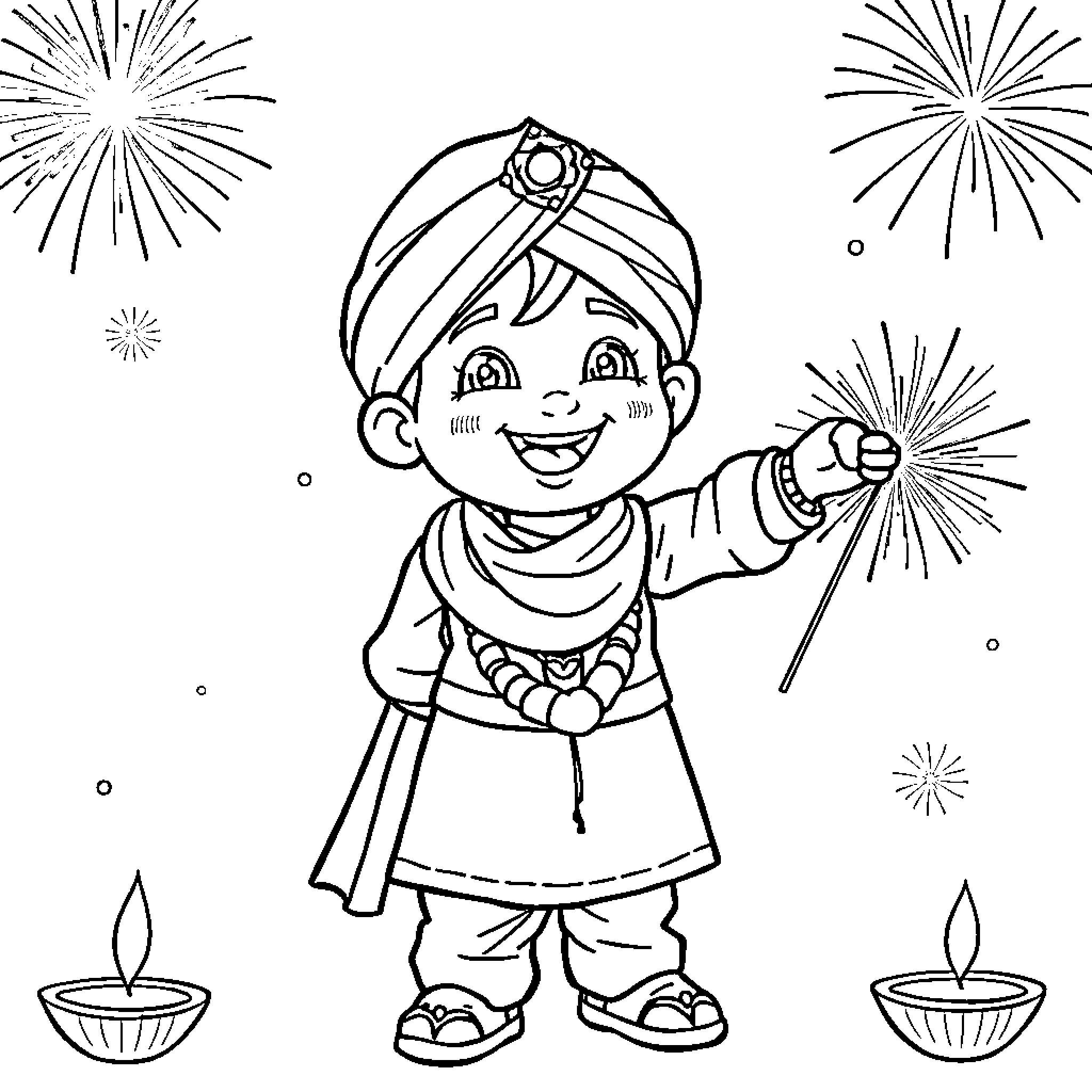 Kid Playing with Fireworks on Diwali Coloring Page (free black-and-white line drawing printable PDF for all, from beginners to advanced learners, including children, teens, adults, and seniors)