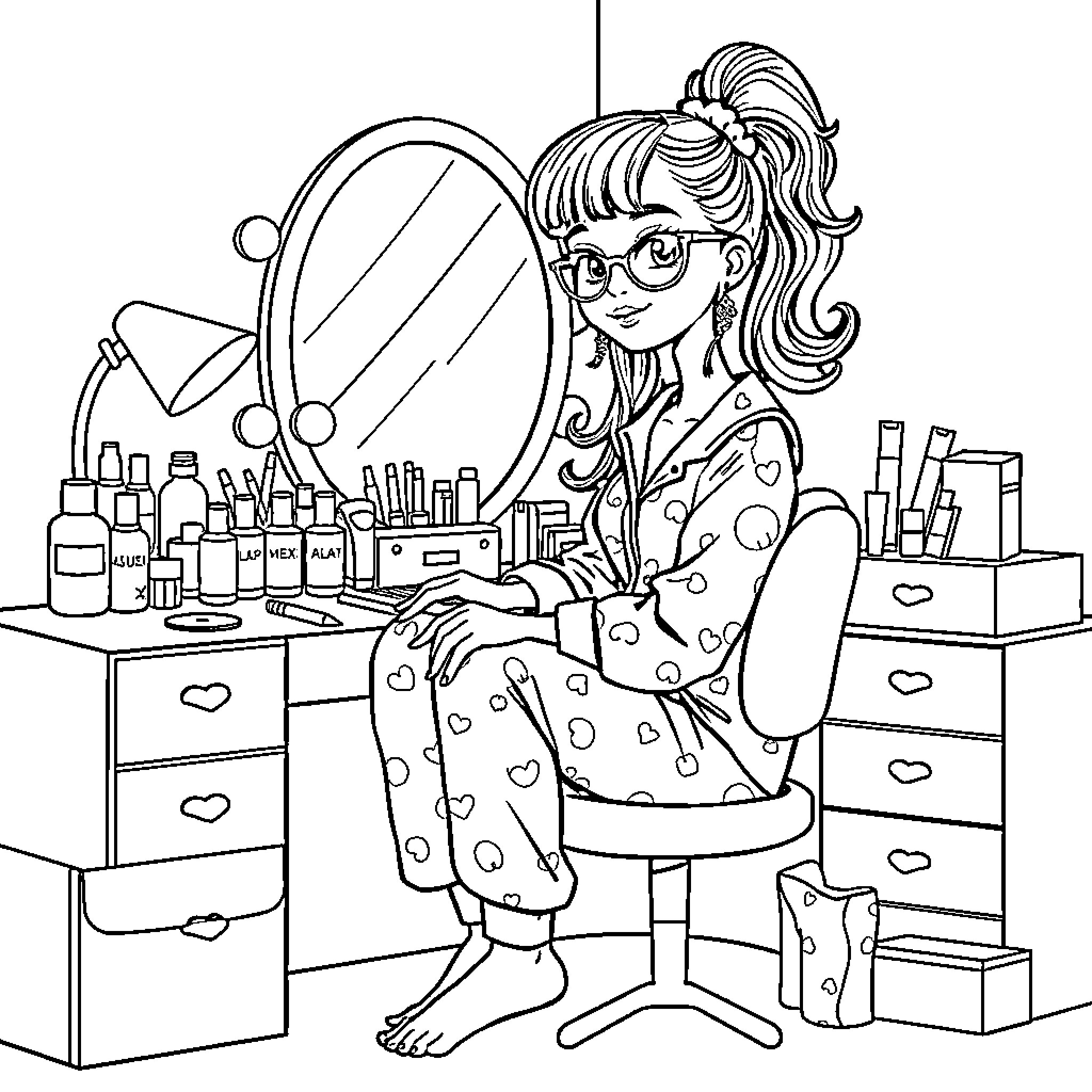 Girl admiring herself in the mirror with makeup Coloring Page (free black-and-white line drawing printable PDF for all, from beginners to advanced learners, including children, teens, adults, and seniors)