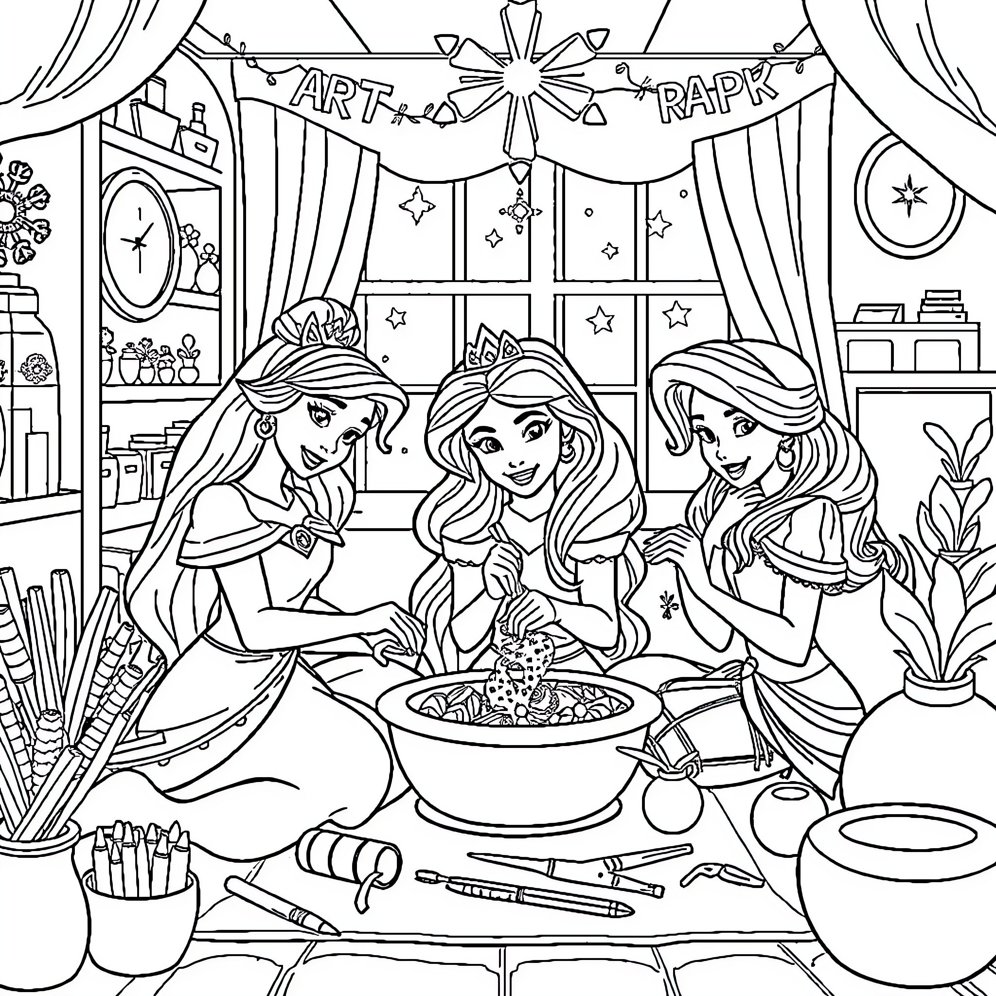 Disney Princesses Painting and Crafting Together Coloring Page (free black-and-white line drawing printable PDF for all, from beginners to advanced learners, including children, teens, adults, and seniors)