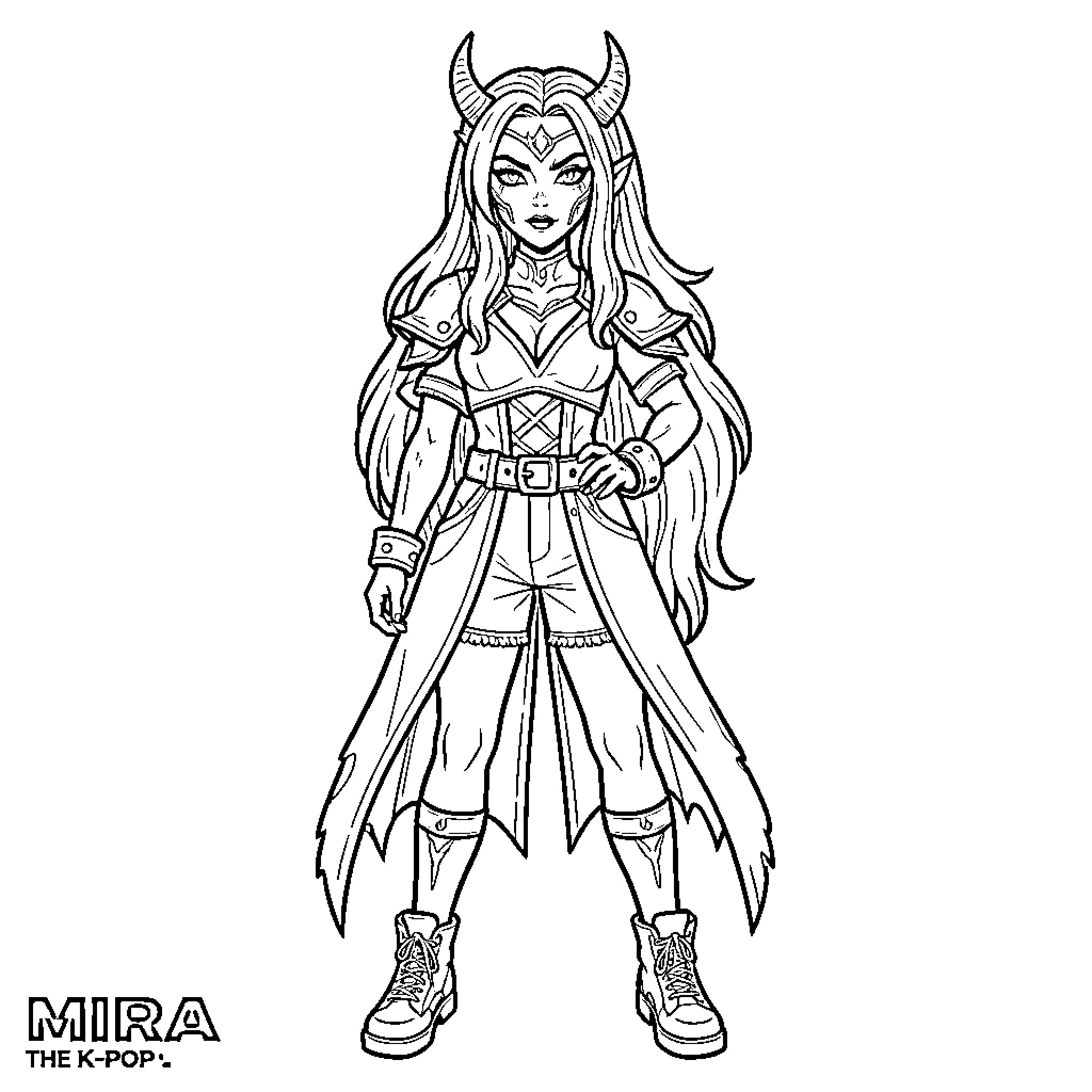 Mira posing in heroic fantasy warrior attire Coloring Page (free black-and-white line drawing printable PDF for all, from beginners to advanced learners, including children, teens, adults, and seniors)