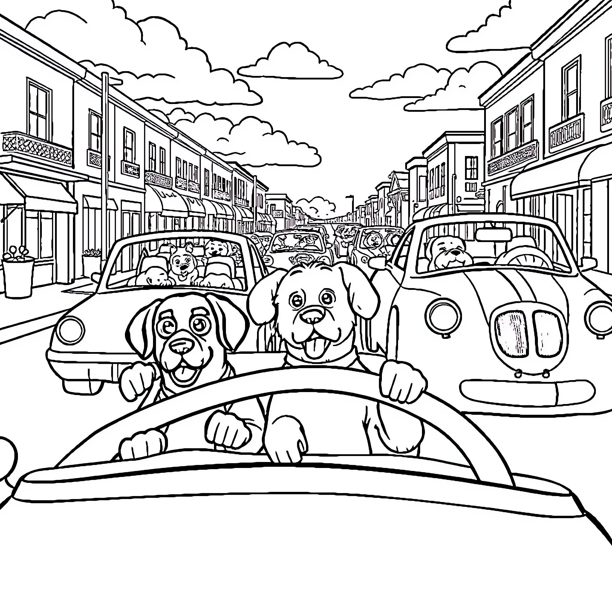 Dog friends driving cars on a busy street Coloring Page (free black-and-white line drawing printable PDF for all, from beginners to advanced learners, including children, teens, adults, and seniors)